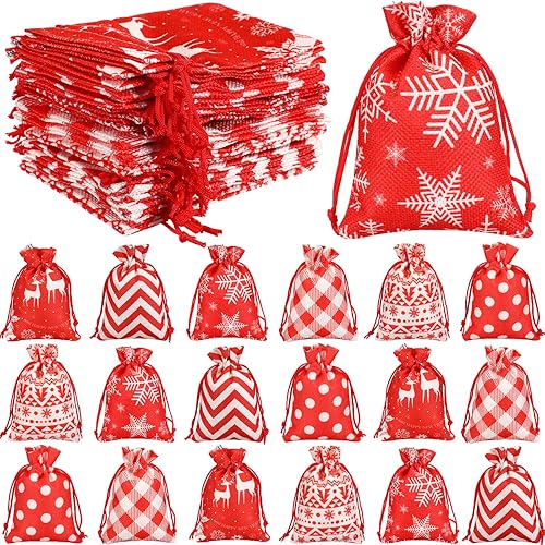 24 bolsas de Navidad, pequeñas bolsas de regalo de arpillera con cordón de 3.9 x 5.5 pulgadas, bolsas de dulces rojas y blancas, bolsas de