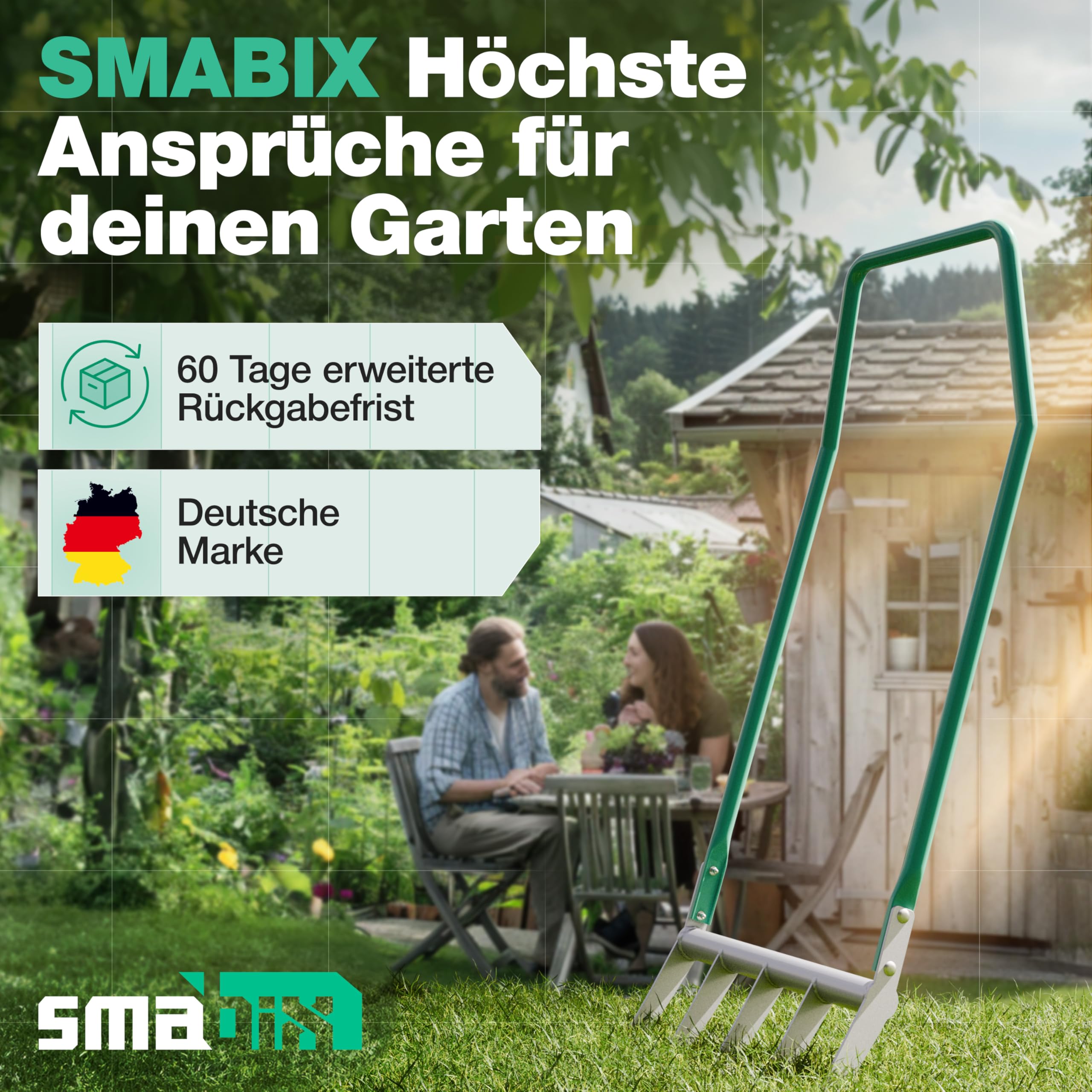 Smabix® Grabegabel mit 5 Zinken, Rückenschonend und extrem robust - Grabgabel/Broadfork für einfache Bodenlockerung und effiziente Gartenarbeit, überlegen gegenüber jeder Spatengabel