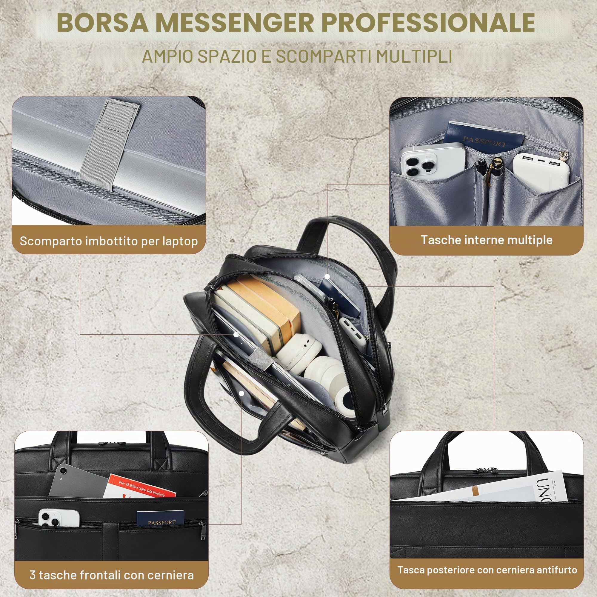 Shrrie Borsa del messaggero in pelle per uomini e donne Borsa per laptop da 16 pollici,Borsa in pelle retrò resistente all'acqua per uomini Business,Lavoro