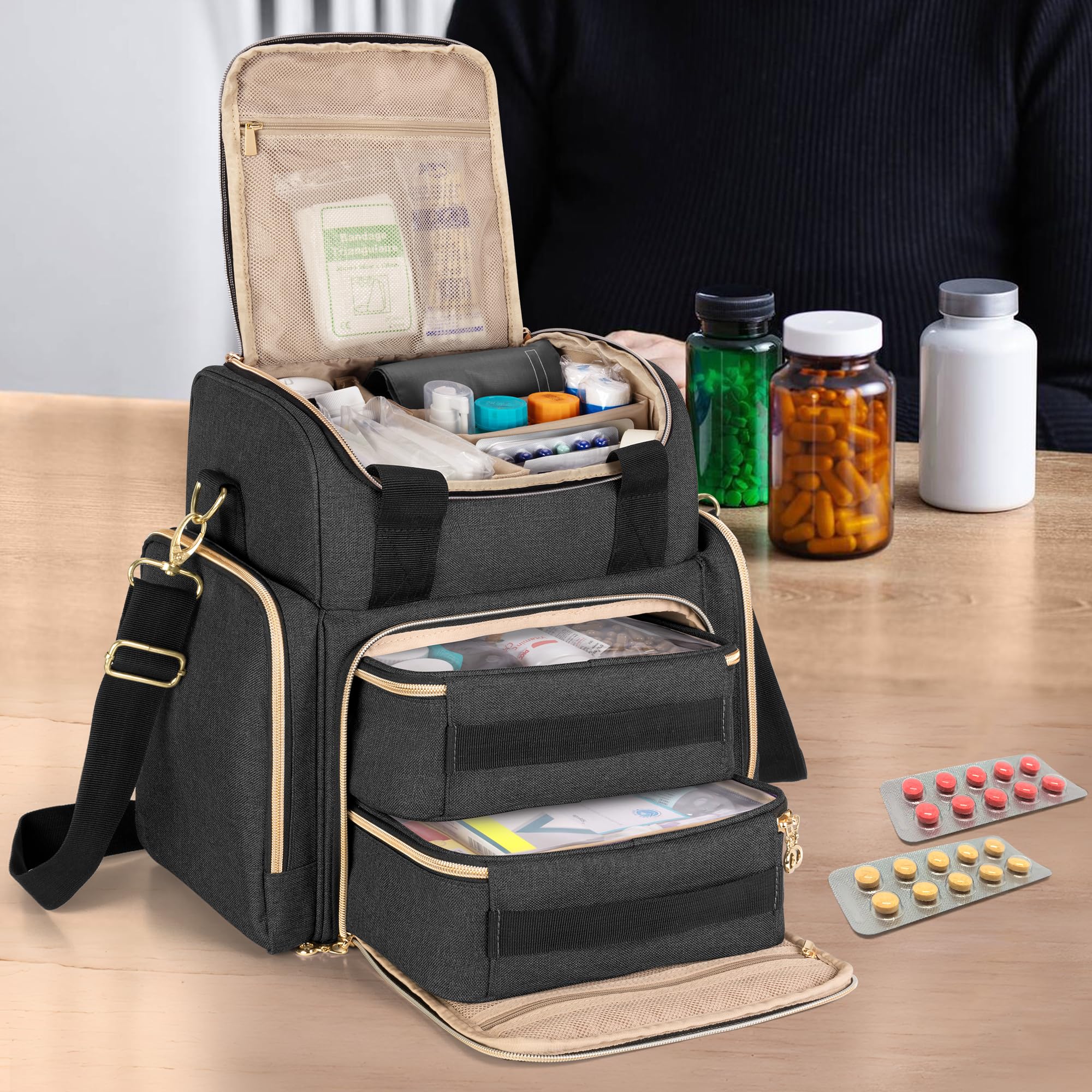 Luxja Grand Sac de Médecine avec 2 Étuis Amovibles, Sac de Rangement de Médicaments avec Plusieurs Sections de Rangement (Adaptées aux Voyages ou à la Maison), Noir