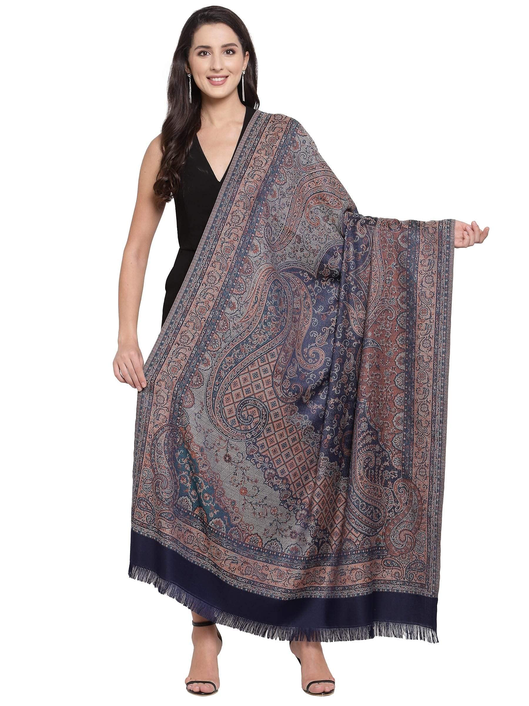 PashtushWomen's Jamawar Shawl, Navy blue