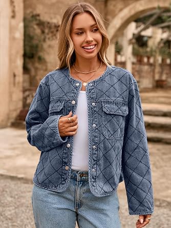 Glamaker Jean Jacket Women Denim Long Sleeve Button Down Diamond Quilted Lightweight Jackets Fall Winter Shacket Coats