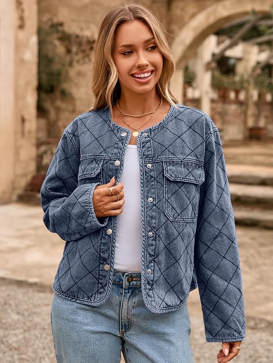 Glamaker Jean Jacket Women Denim Long Sleeve Button Down Diamond Quilted Lightweight Jackets Fall Winter Shacket Coats