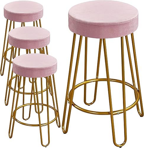 Yaheetech Juego de 4 taburetes de bar, taburetes redondos de terciopelo, sillas de bar de altura de mostrador sin espalda con patas doradas para
