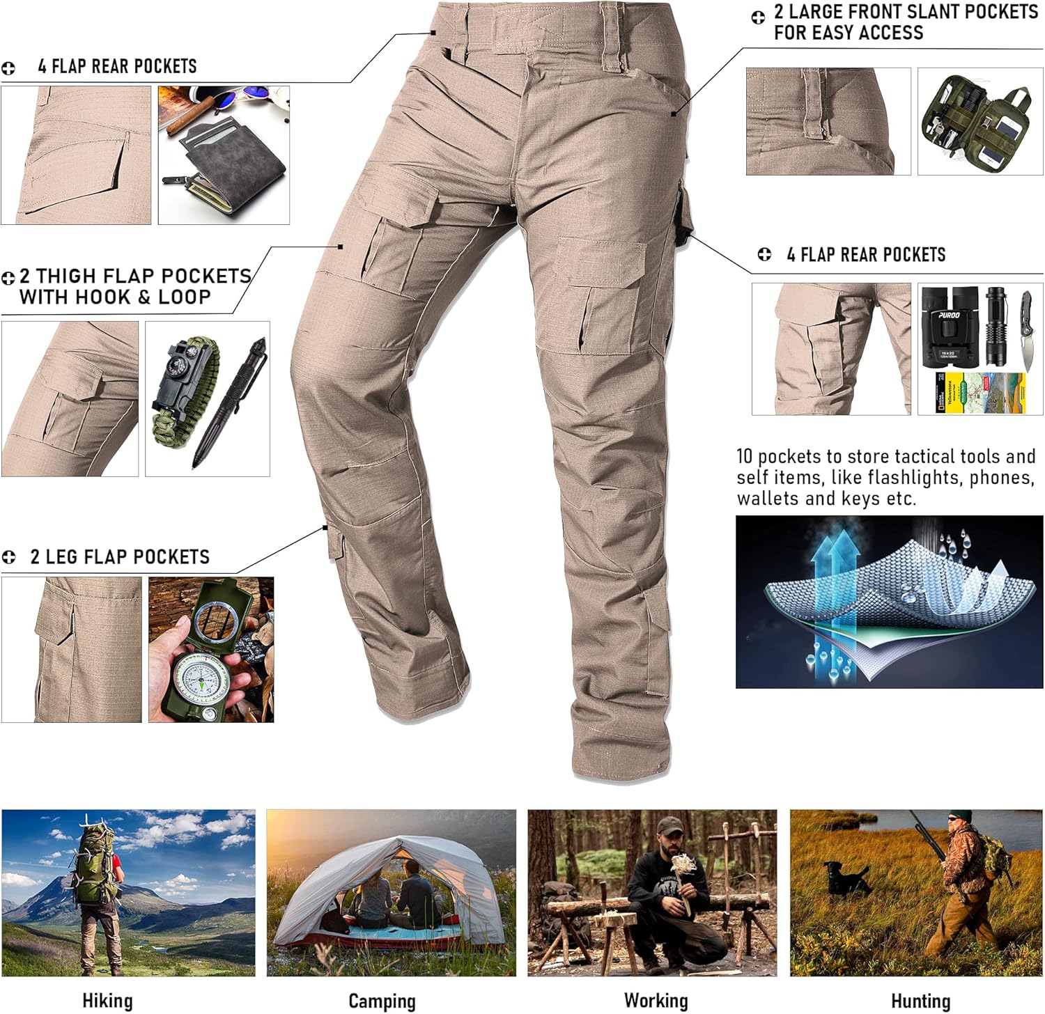 Men's Tactical Pants Camo Cargo Pants Ripstop Work Hiking Pants with 10 Pockets No Belt - Image 5