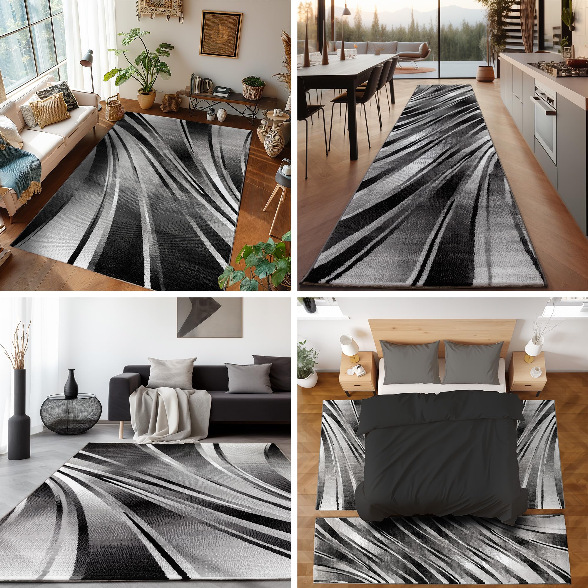 SIMPEX Tappeti a pelo corto, Disegno astratto delle onde, Tappeto Nero, 120 x 170 cm, Tappeti in stile moderno, Tappeto soggiorno