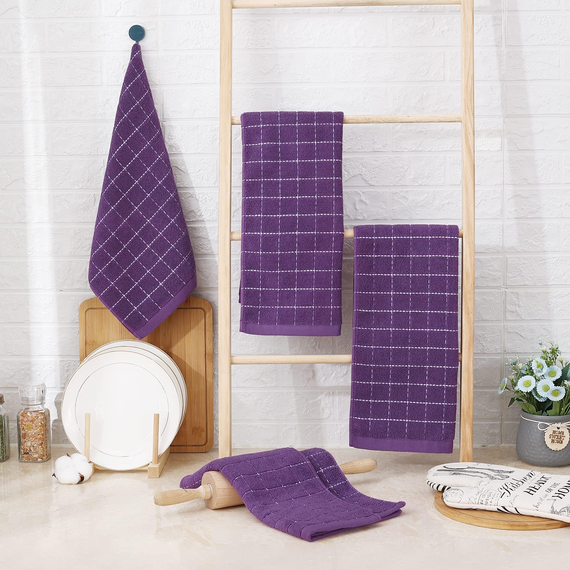 Homaxy Küchentücher aus 100 % Baumwoll-Frottee (Lila, 33 x 71,1 cm), kariertes Design, weiche und super saugfähige Geschirrtücher, 12 Stück | Ultra weiche und saugfähige Geschirrtücher für die Küche, geeignet zum Trocknen und Waschen von Geschirr