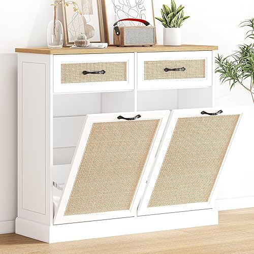 IDEALHOUSE Gabinete de basura de ratán con doble inclinación, armario de basura oculto de 10 galones, armario de basura independiente para cocina,