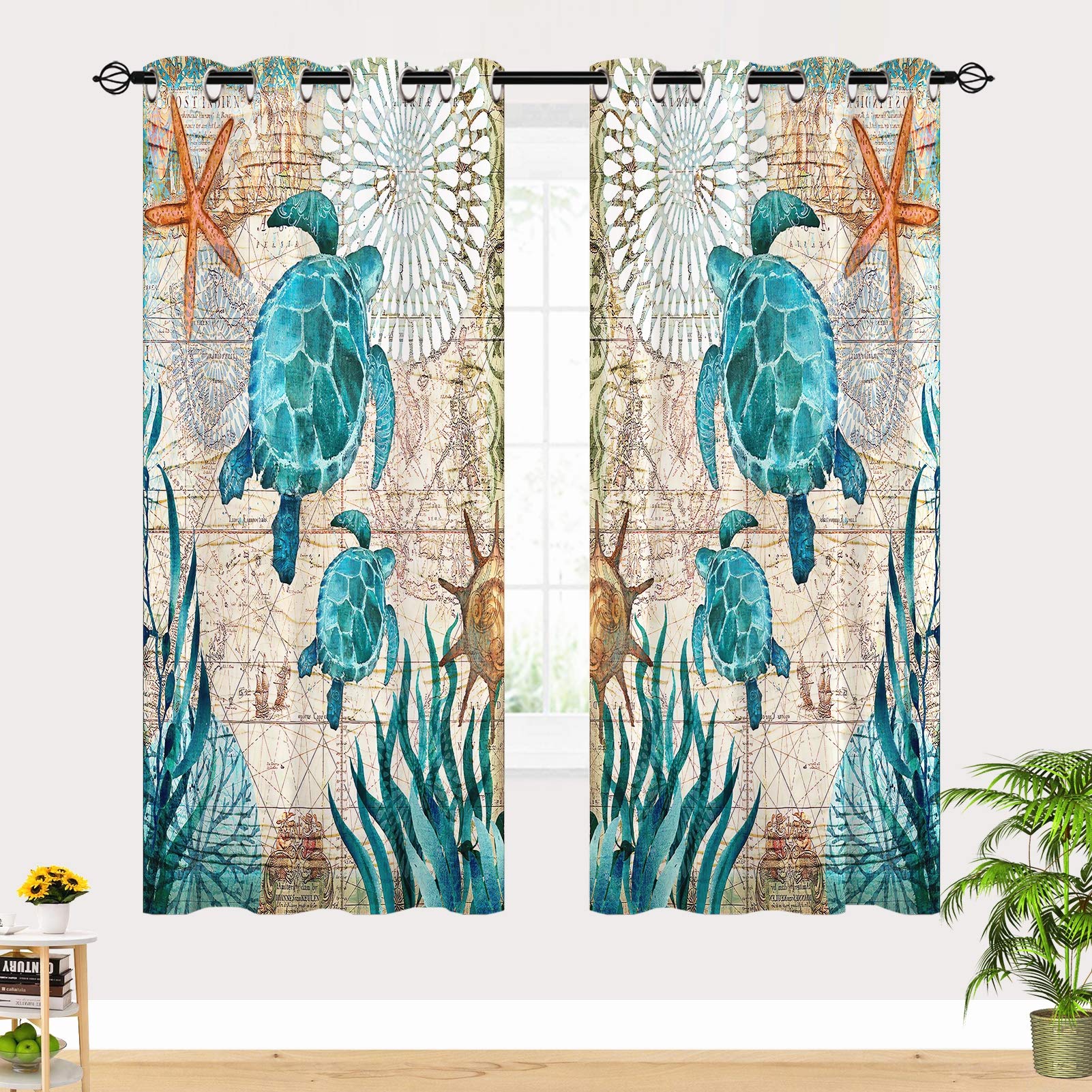 ANHOPE Sea Turtles Curtains, Teal Turtles Coral Reef with Nautical Map and Starfish Ocean Sealifes Beach Theme Pattern Waterproof Grommet Window Drapes for Bedroom Bath Window 2 Panels W27.5 x L39