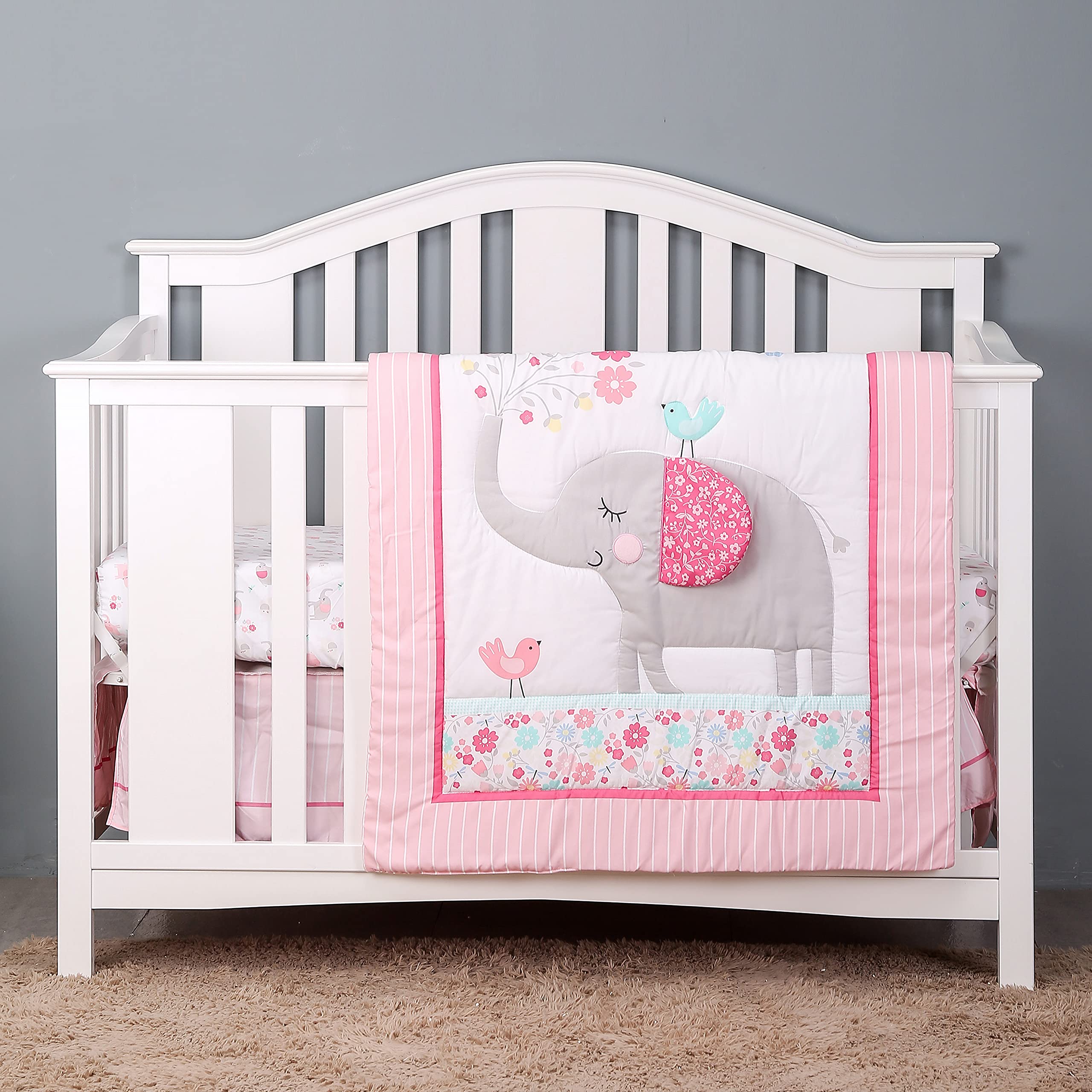 Baevellery Crib Bedding Sets for Girls Soft Cute Elephant Floral 3piece Baby Girl Nursery Bedding for Standard Size Pink White