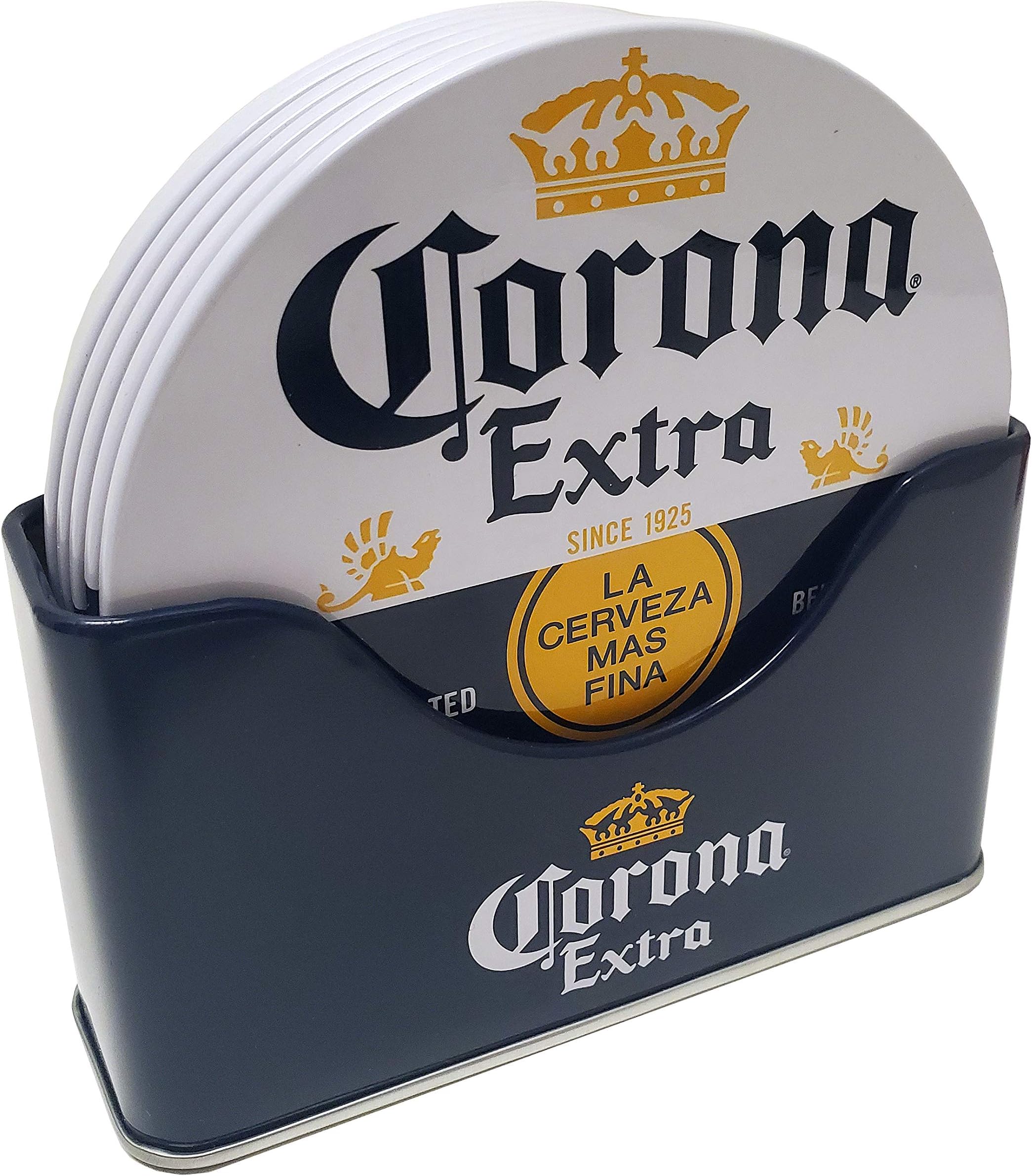 Corona 6 pc Coaster Set with Standing Metal Holder, White and Blue