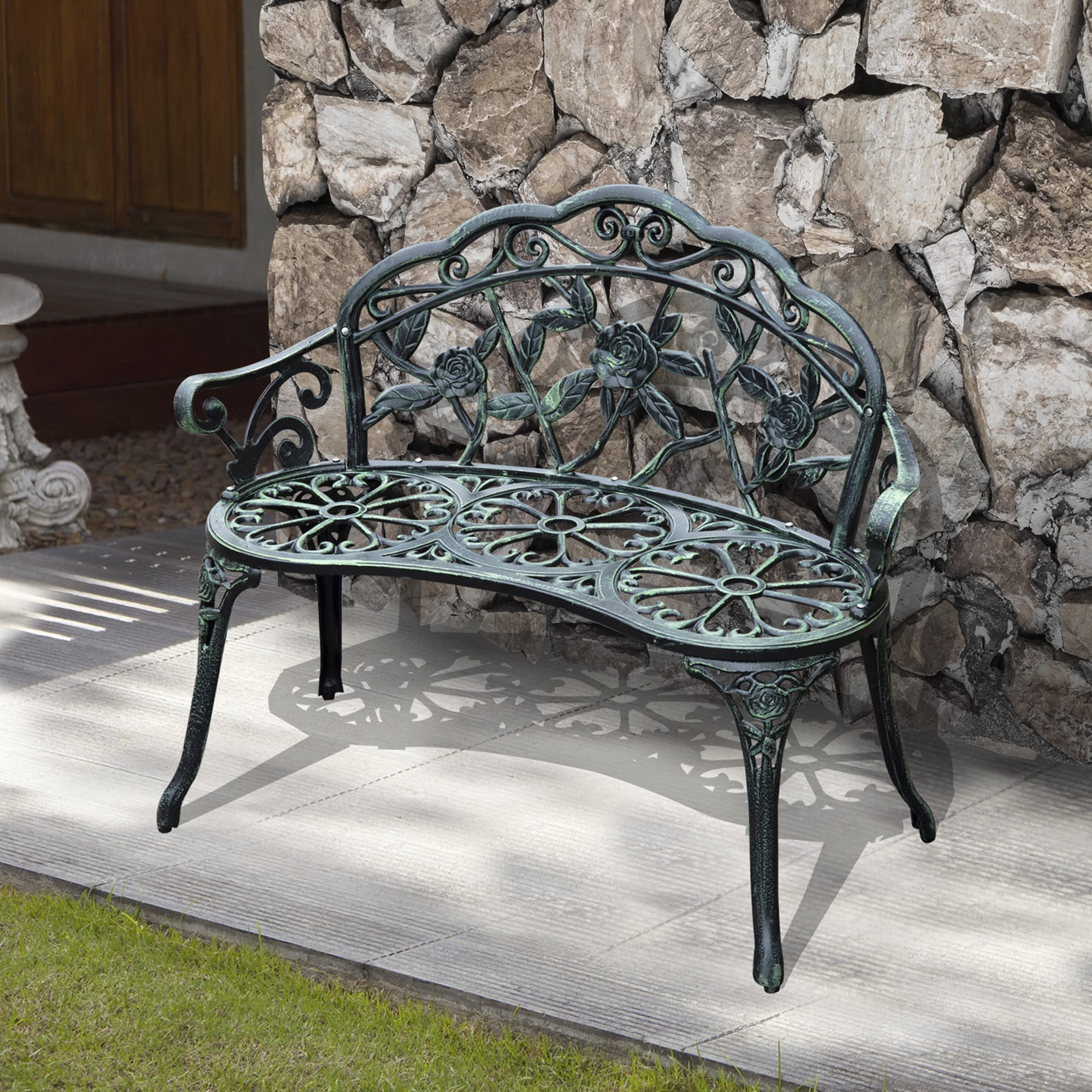 Outsunny Gartenbank 2-Sitzer aus Gussaluminium, Sitzbank im Retro Stil, Parkbank mit Blumenmuster, Balkonbank 240 kg belastbar, für Balkon Terrasse, Garten, 100 x 54 x 78 cm, Antik Grün
