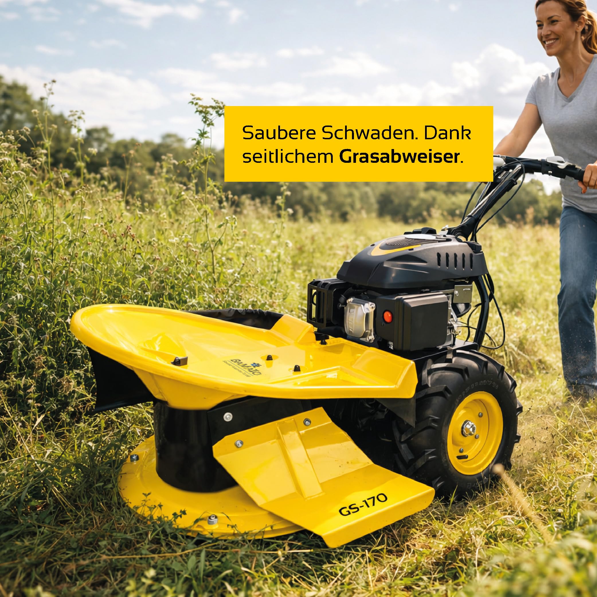 BAMATO Kreiselmäher GS-170 Hochgrasschneider Wiesenmäher 580mm Benzin | Kraftvoller RATO Motor & 580mm Schnittbreite | 4 Klingen | Mit Radantrieb | Ideal für hohes Gras