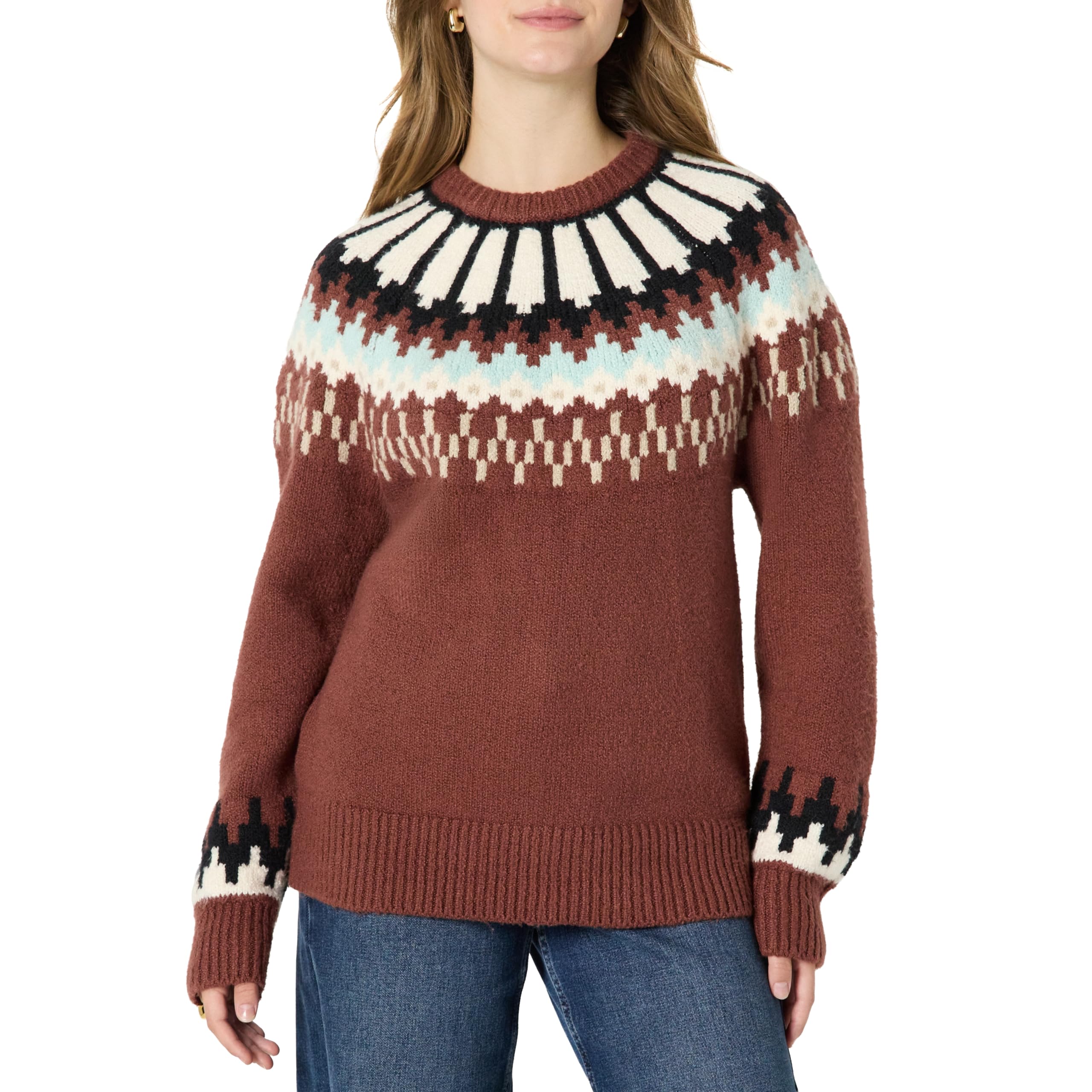 Amazon Essentials Women's Oversized-Fit Fair Isle Crewneck Sweater, Dark Brown Mint Green Chevron, XX-Large