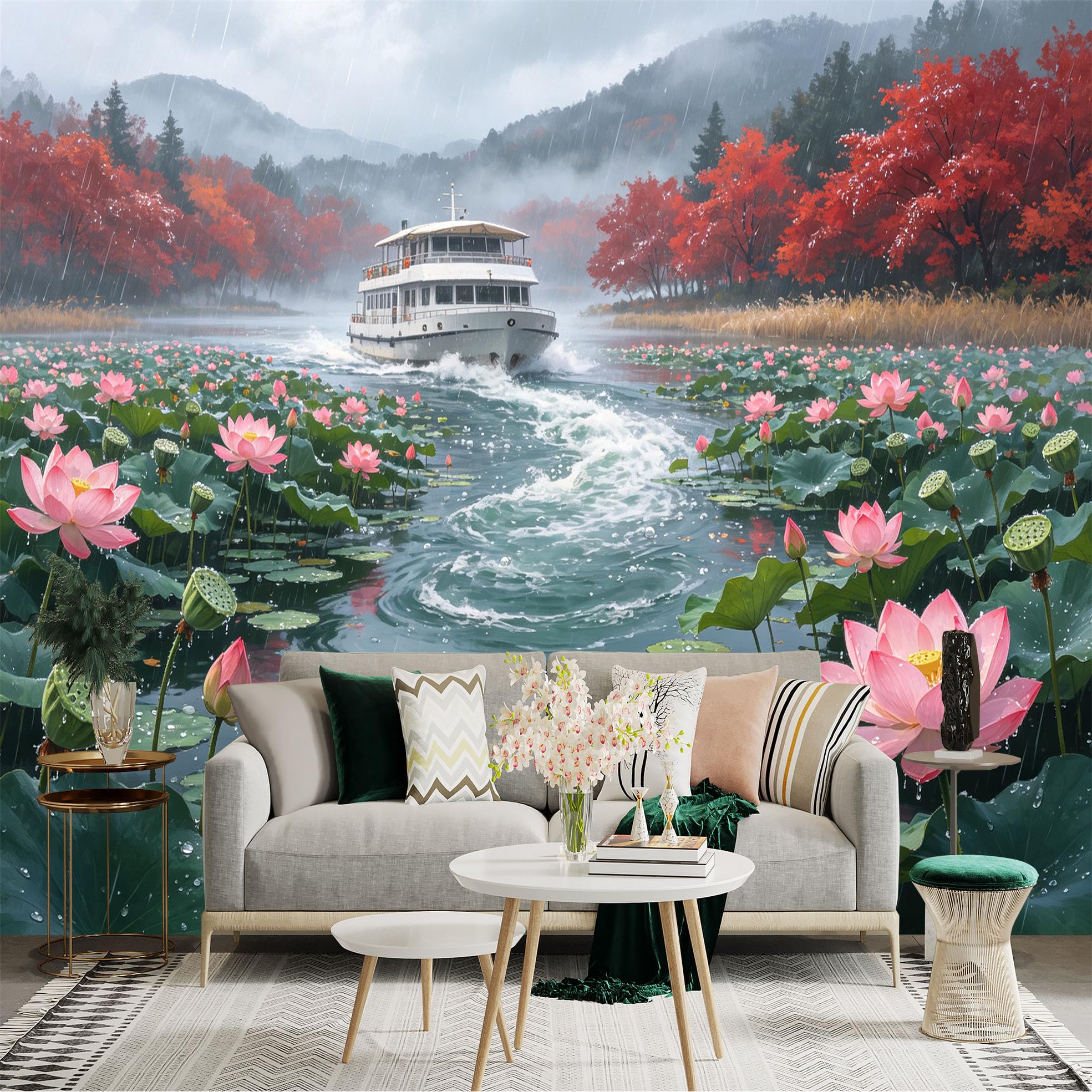 Custom Size Wall Sticker Mural， Cruise Ship on Misty Lake， Pink Lotus Flowers and Green Leaves， Rainy Autumn Landscape， for wall Decoration， peelandstick wall Decals.