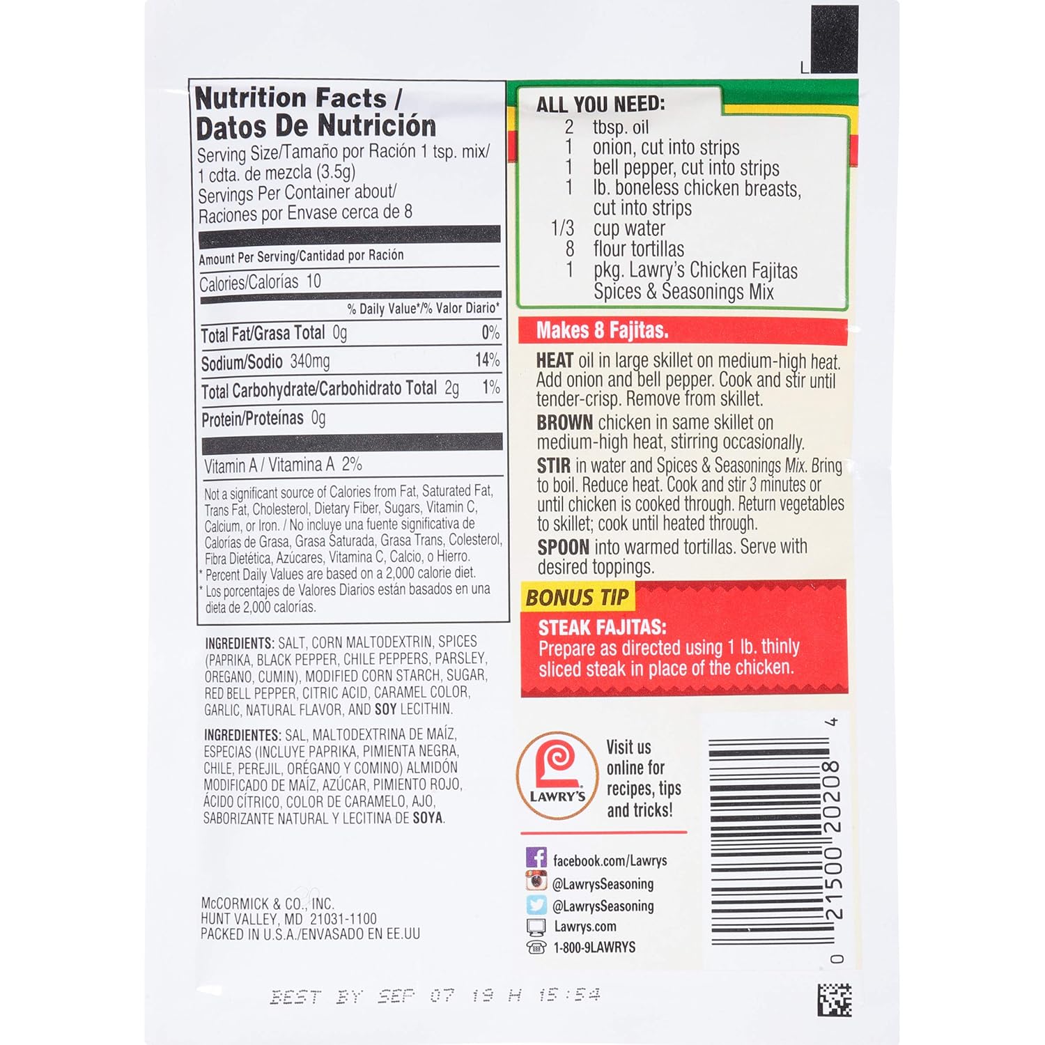 Lawry's Mix, Fajita, Chicken, 1-Ounce (Pack of 12)
