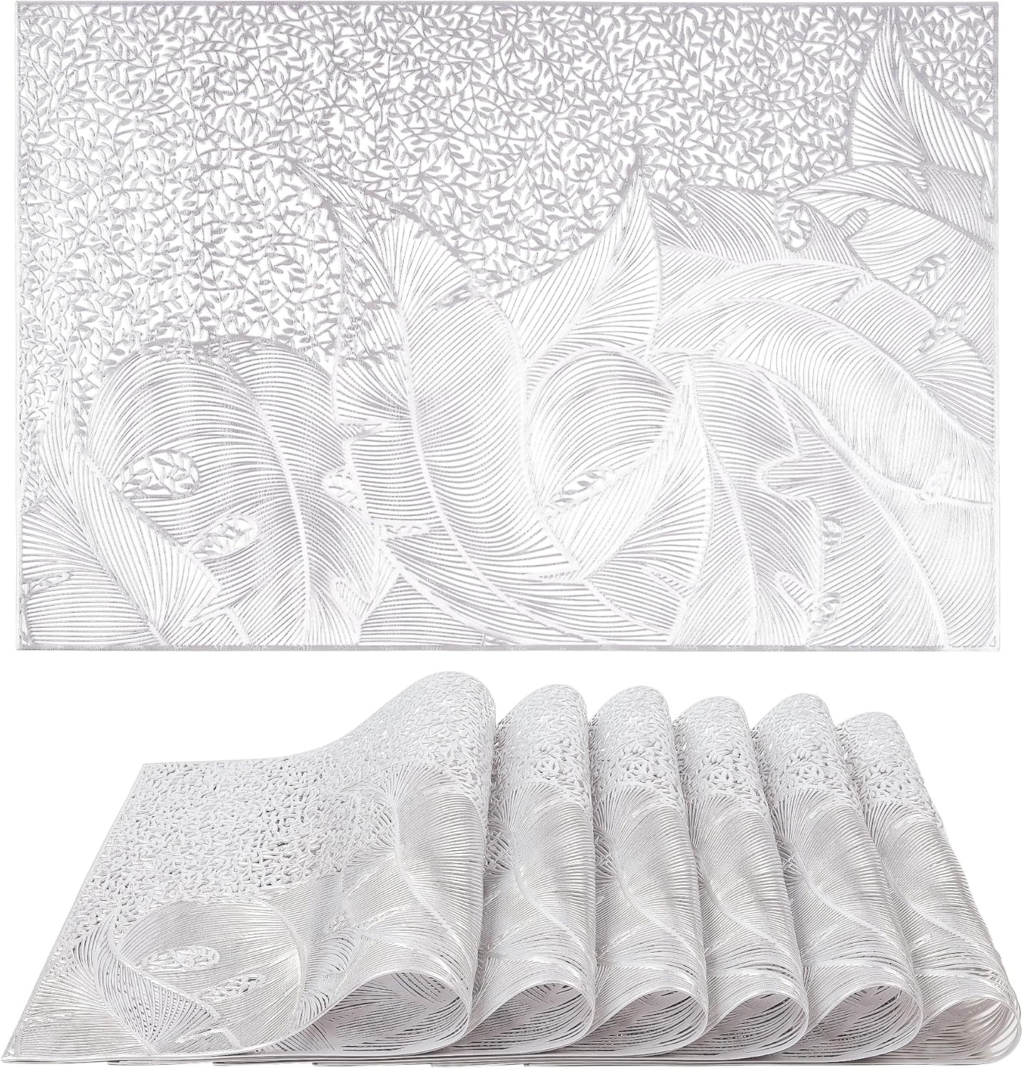 fanquare Gold Rectangle Placemats Pressed Vinyl Leaf Pattern Washable Place Mats for Wedding Non-Slip Elegant Dinning PVC Table Mats Easy to Clean