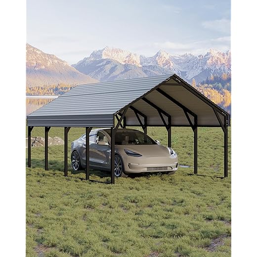 GarveeLife 12x20 ft Metal Carport, Reinforced Frame and Steel Roof for All-Weather Use, Permanent Shelter for Bass Boats, Full-Sized Pickup Trucks, and Tractors