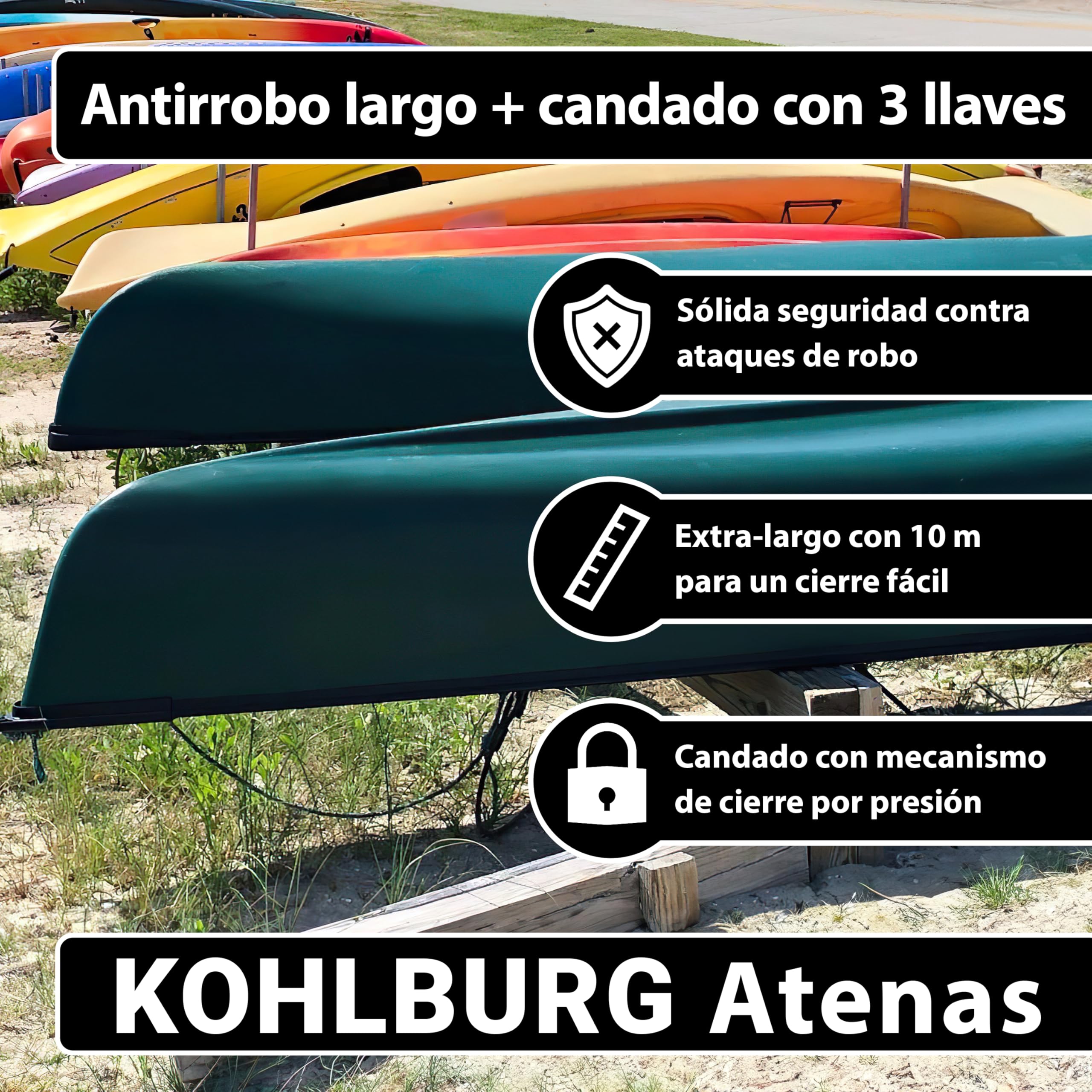KOHLBURG Candado de cable antirrobo de 10 m, de acero, con 3 llaves – de cierre rápido, 1000 cm con bucle para bicicleta, candado patinete electrico, remolque, cochecito, muebles de jardín y barcos