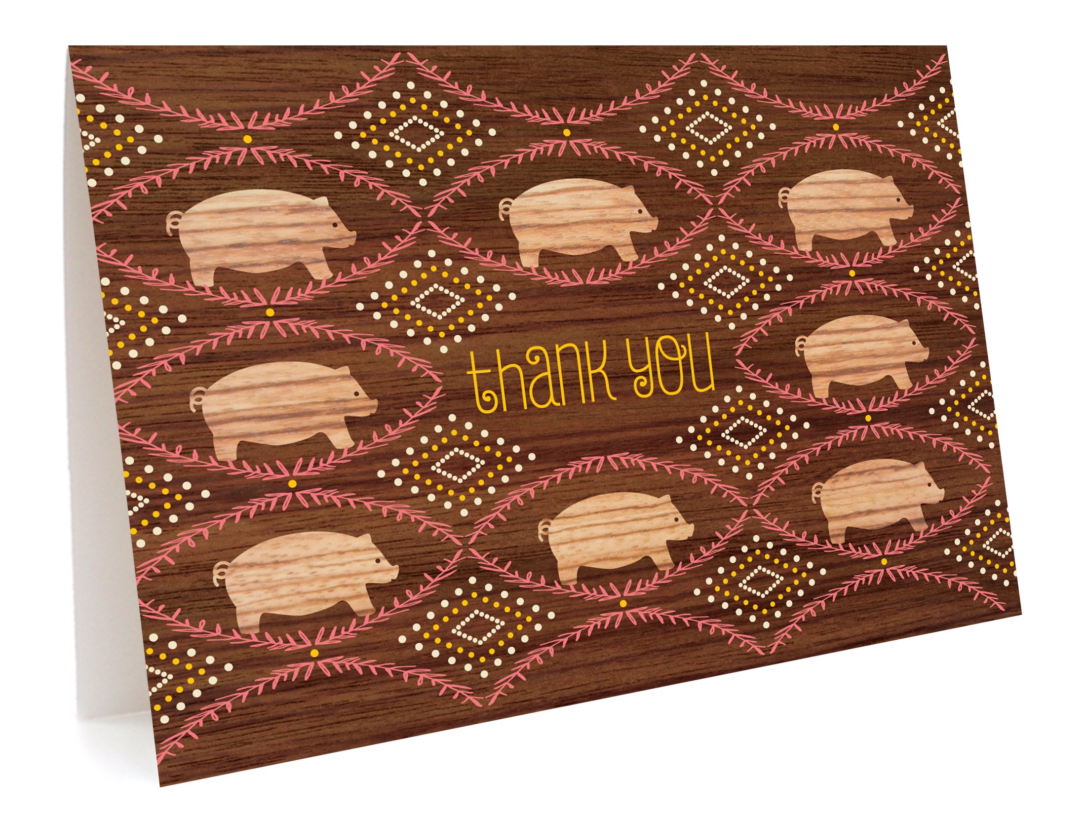 Piggies Thank You Cards, Box of 6 - Rustic Walnut Background with Birch Wood Pigs & Pink Wreaths - Eco-Friendly Premium Paper, Blank Inside, Envelopes Included - Made in USA Small Business