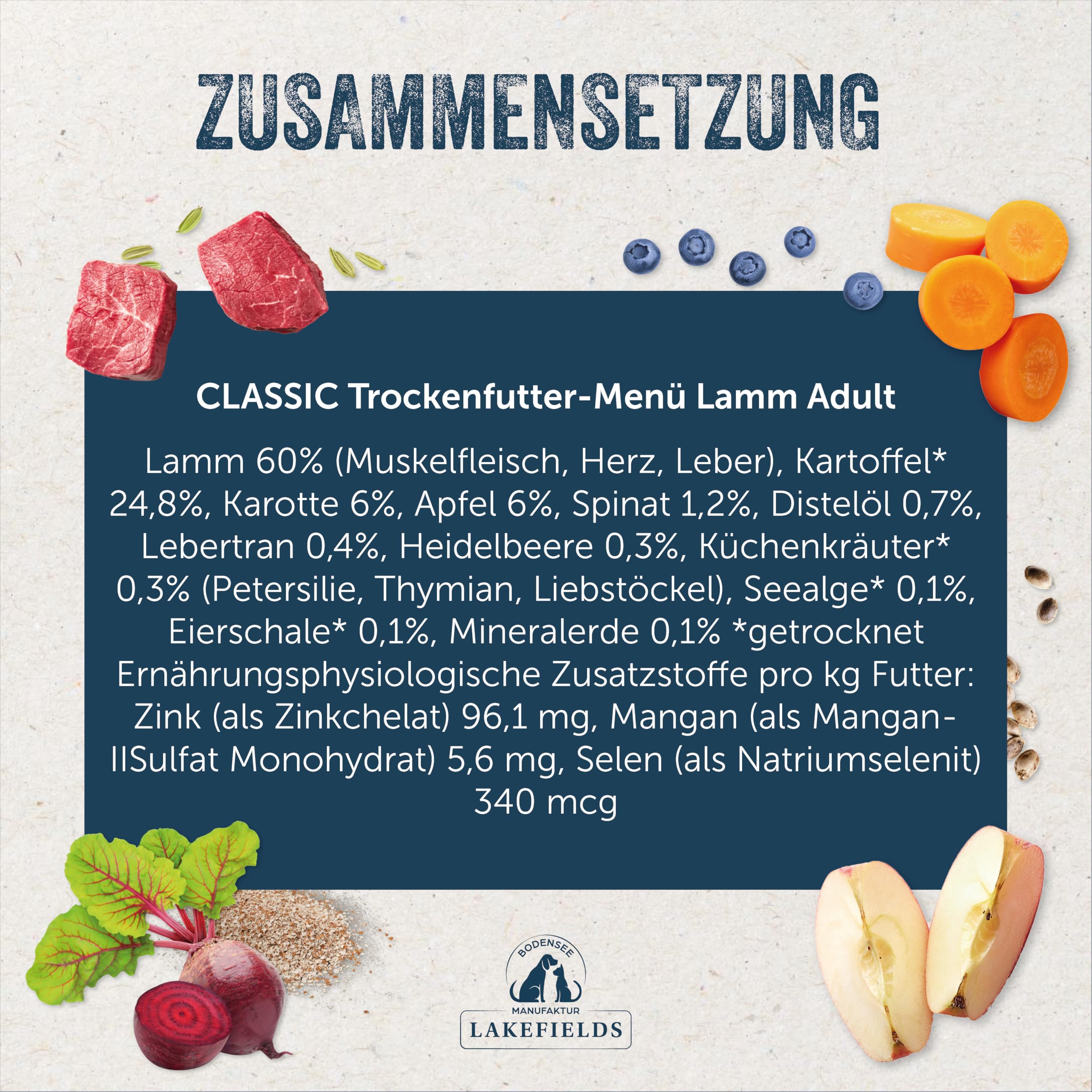 Lakefields Classic Hundefutter trocken | Lamm 60% | 4 x 2,5kg | Getreidefreies Trockenfutter | Zutaten in Lebensmittelqualität | Kartoffeln, Blattspinat & Kräutern | Schonend gebacken