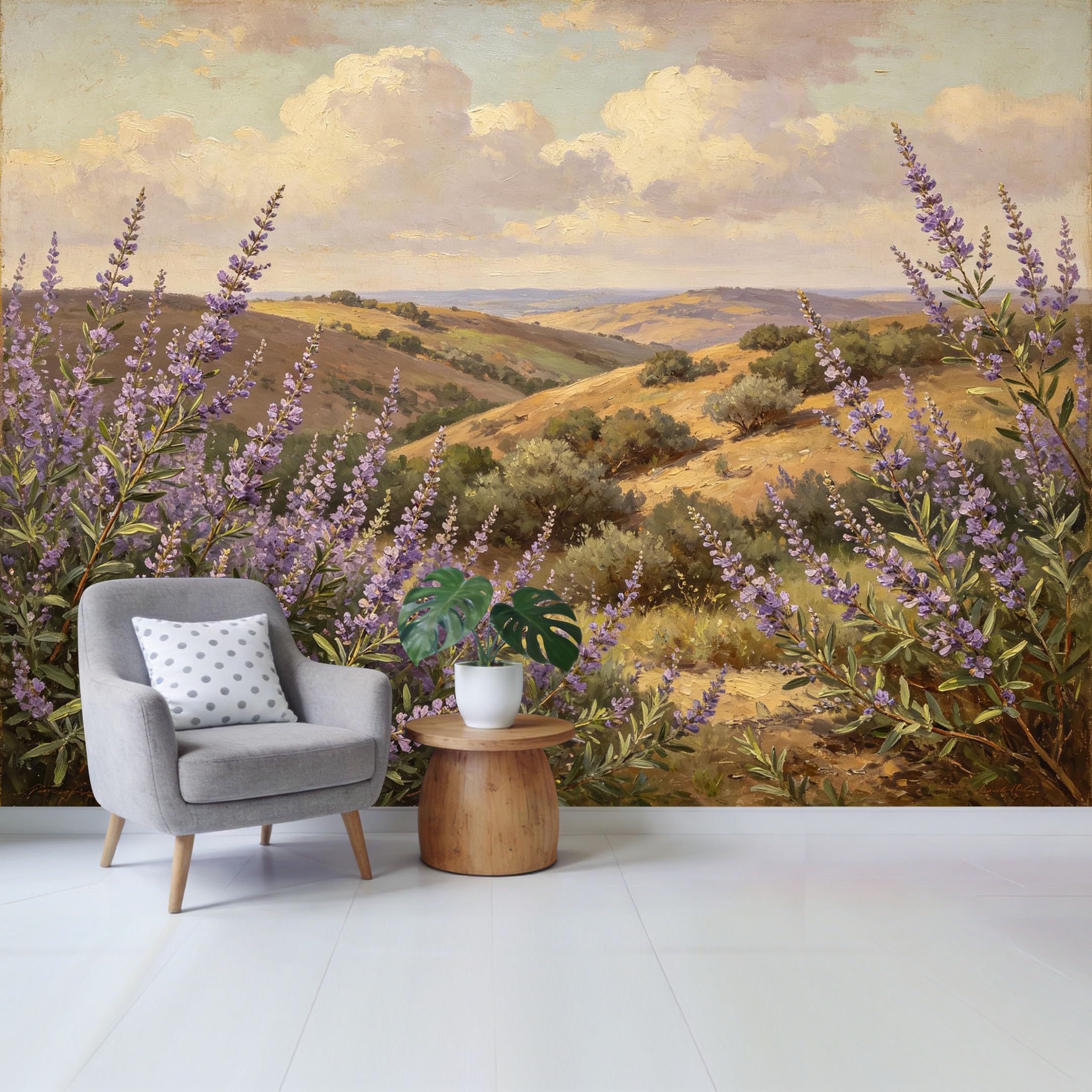 Qzlithotic Yq2605250706 Custom Size Wall Mural Purple Lavender Field Mountain Landscape Oil Painting Style Selfadhesive Wall Fabric Removable Wallpaper For Home Office Decor
