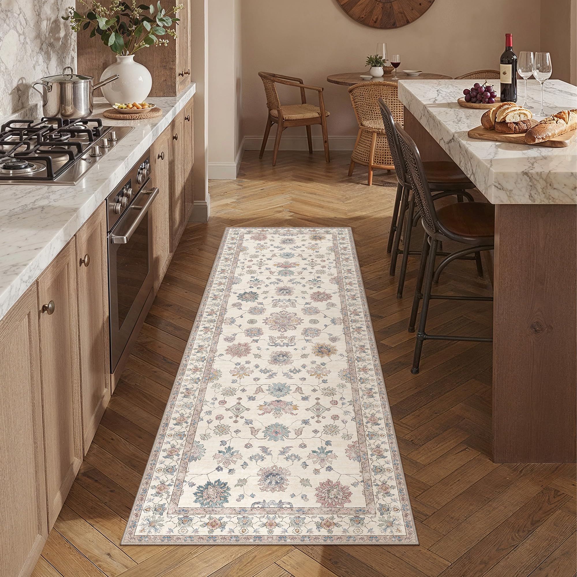 PureCozy Hallway Runner Rug 60x180cm Beige Washable Non Slip Area Rugs Runners Bedroom Bedside Lounge Office Kitchen Playroom Runners Indoor Carpet Low Pile Vintage Carpets Retro
