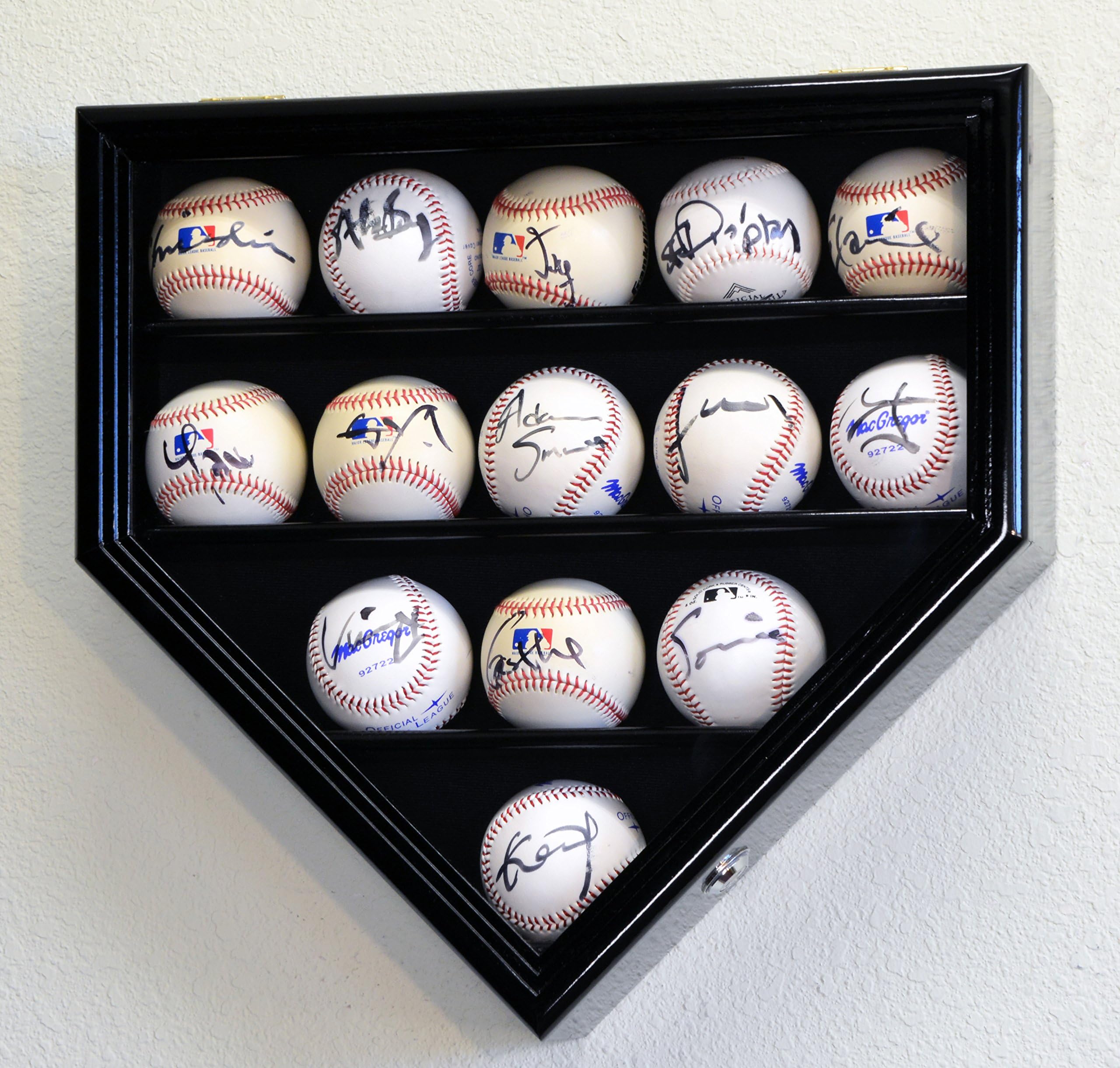 14 Baseball Ball Display Case Cabinet Holder Wall Rack Home Plate Shaped w/98% UV Protection- Lockable -Black