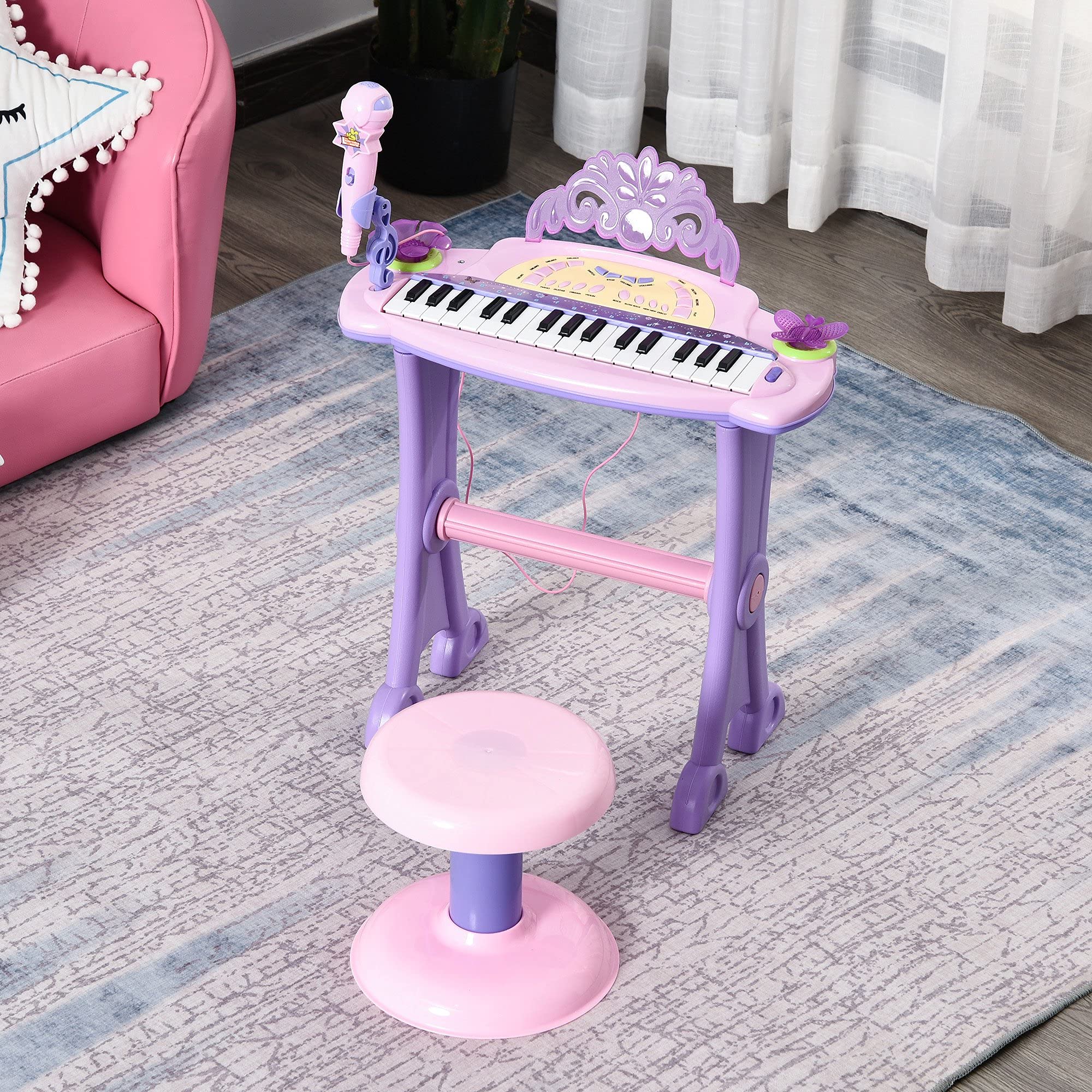 HOMCOM Teclado Electrónico Infantil 32 Teclas Juguete Musical Piano Infantil Piano para Niños con Micrófono Taburete Luces Variedad Sonidos Rítmos Melodias MP3 Karaoke Modo de Enseñanza Rosa
