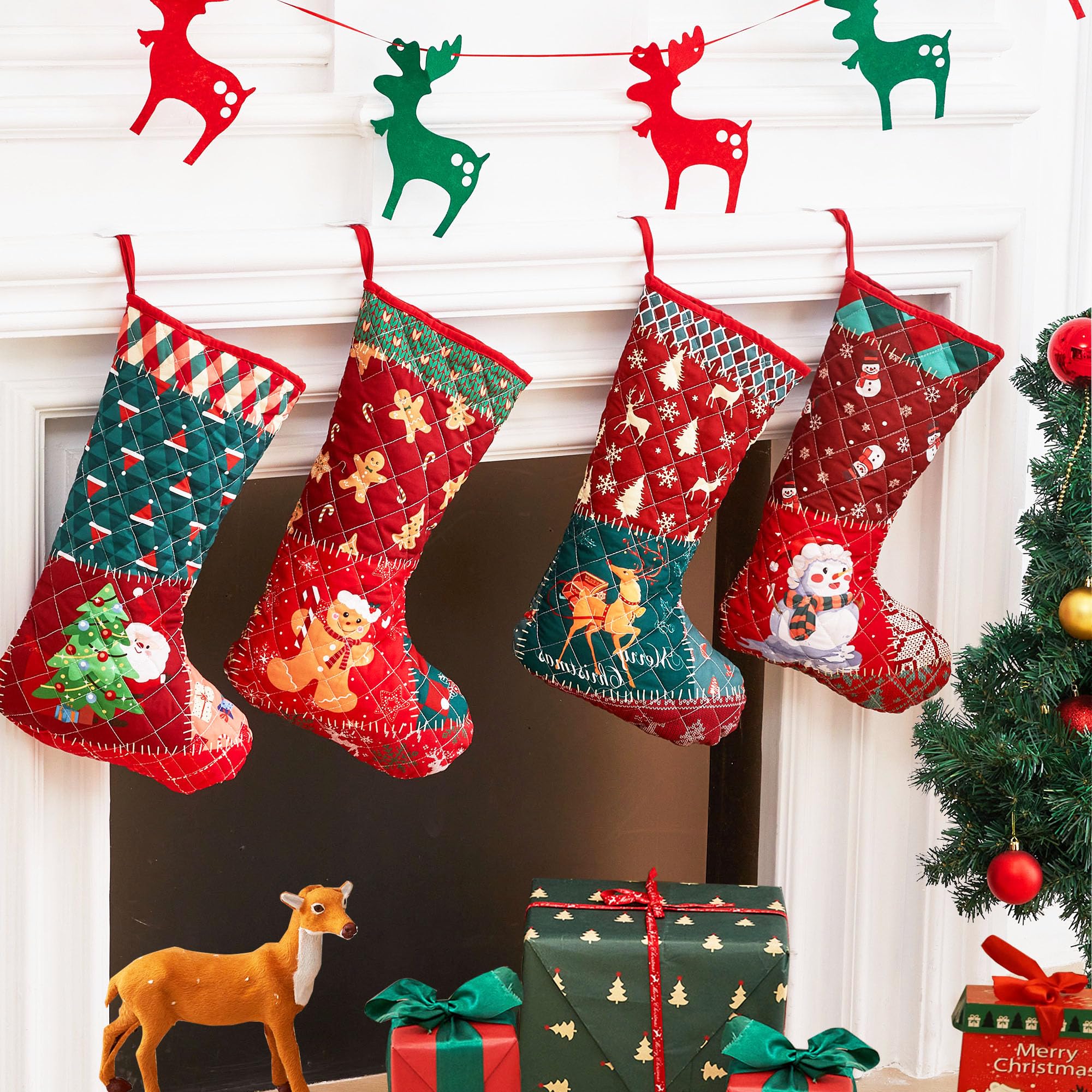 Traditional Christmas Stockings Set of 4-Embroidered & Quilted Christmas Decor-Red Plaid Design-4 Pack-Perfect Stockings for Family Pets Children Xmas Gift-19