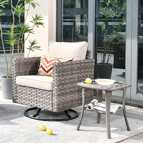Mecedora giratoria de mimbre para patio al aire libre y mesa auxiliar a juego, balancín para puerta exterior, planeador exterior, beige
