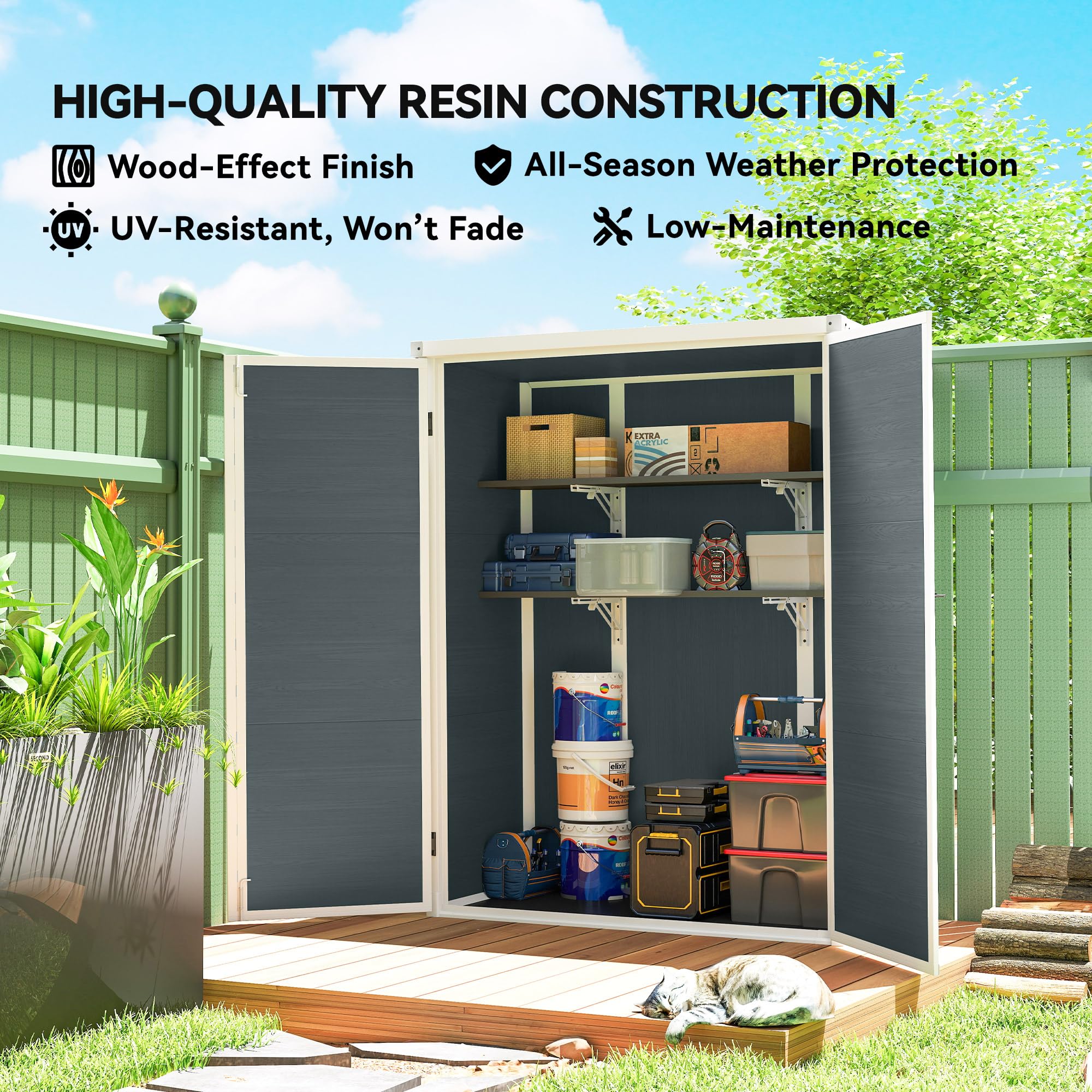Outsunny 4.4' x 2.3' Plastic Garden Shed, Wood-Effect Outdoor Storage Shed with Floor, 2 Foldable Shelves and Lockable Double Doors for Backyard, Patio, Distressed Grey — view 8
