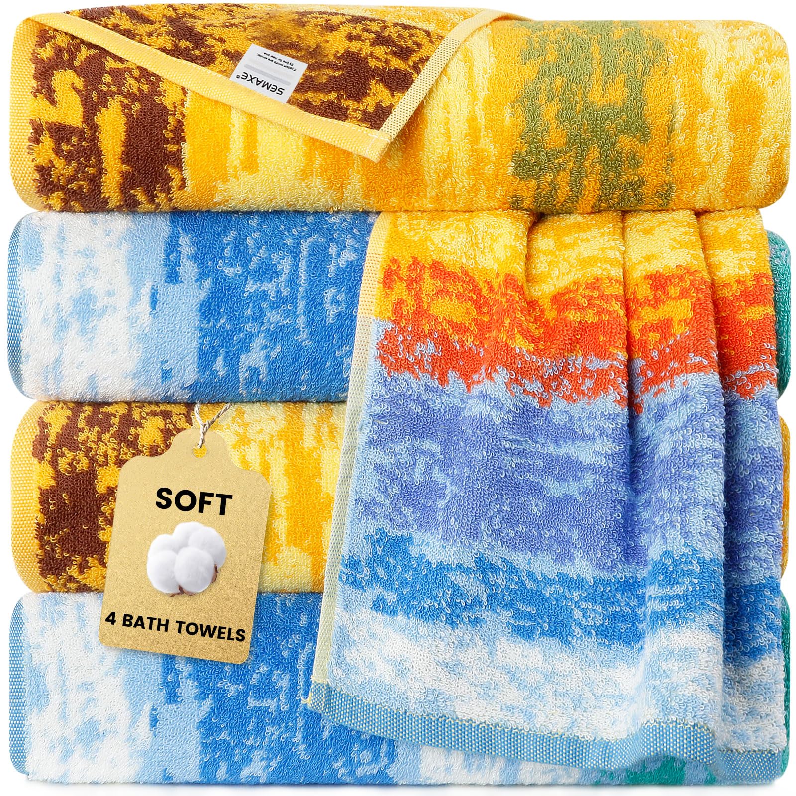 SEMAXE 4 Piece Colorful Striped Bath Towel Set for Bathroom, 100% Cotton Bath Towel with Hanging Loop, 55 x 27 Inch, Soft Absorbent & Quick Dry, for