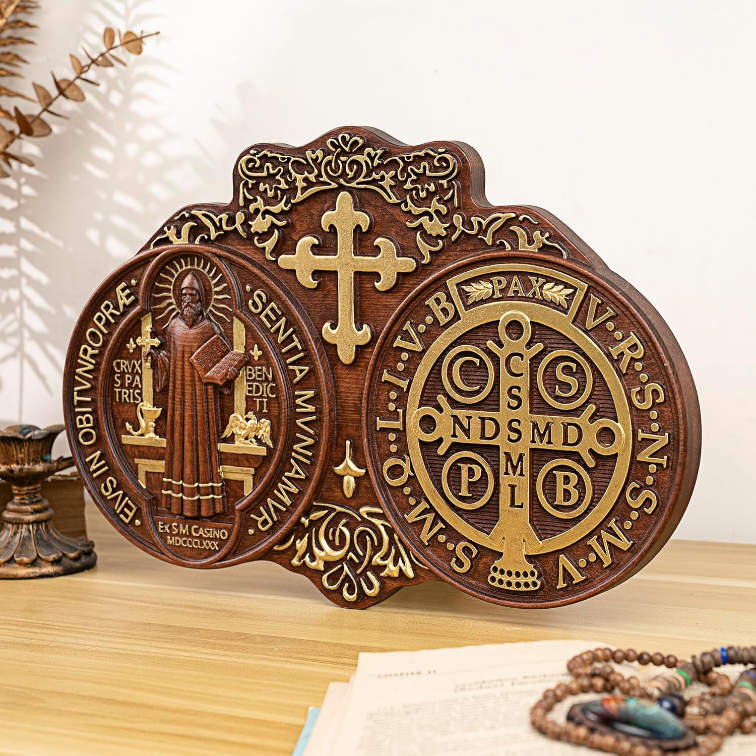 Wooden Saint Benedict Plaque, St Benedict Medal Wall Decor Wall Art, Handmade Wall Hanging Sign, Religious Wall Plaque for Living Room Bedroom Kitchen - 12 Inch - Image 3