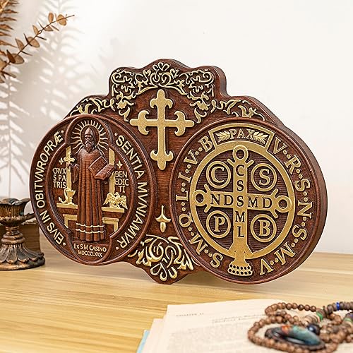 Miniatura 3 de bgcarpenter Wooden Saint Benedict Plaque, St Benedict Medal Wall Decor Wall Art, Handmade Wall Hanging Sign, Religious Wall Plaque for Living Room