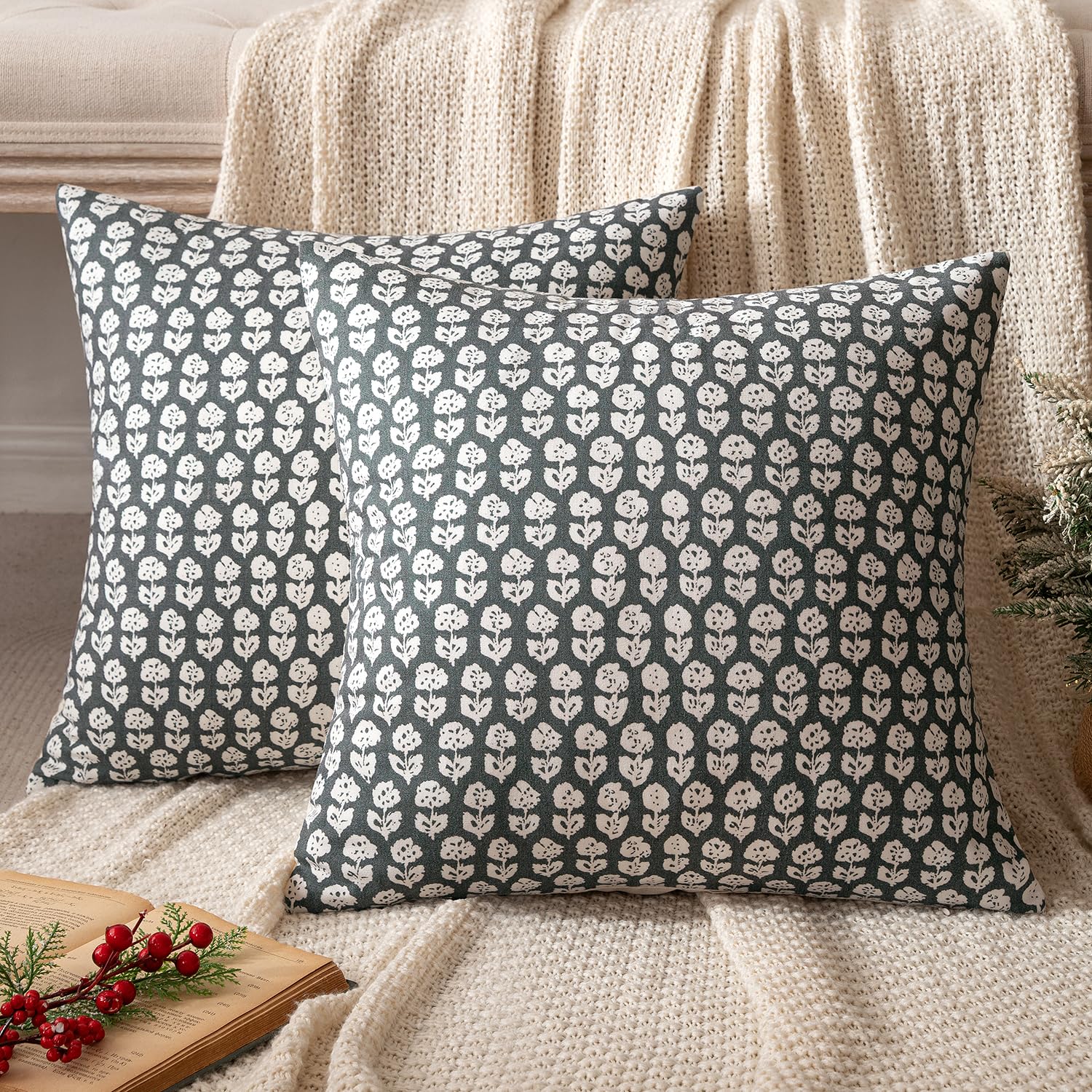 MIULEE Winter Block Print Pillow Covers 20x20 Inch Set of 2, Christmas Vintage Floral Throw Pillow Cases Neutral Linen Farmhouse Cushion Covers for