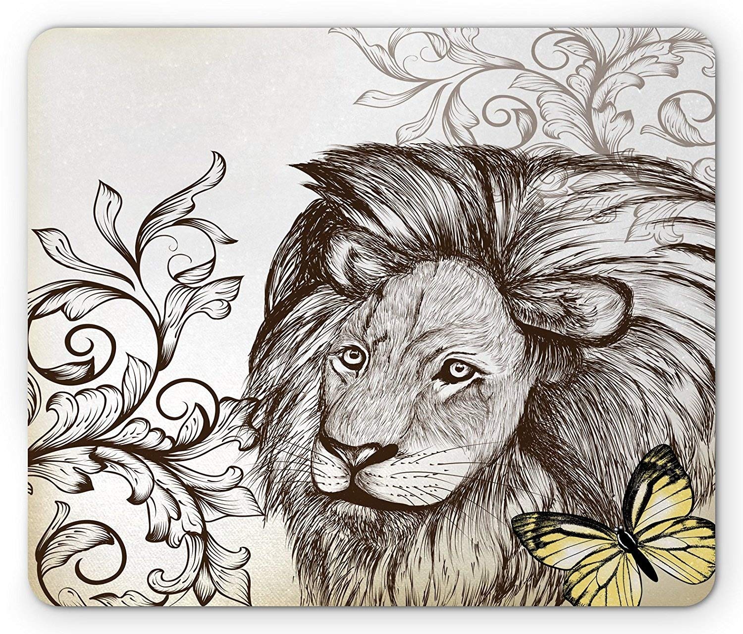 Safari Mouse Pad, Lion Mane Butterfly Ornamental Vintage Artwork Wild Sketch Style Design, Standard Size Rectangle Non-Slip Rubber Mousepad, Brown Sepia