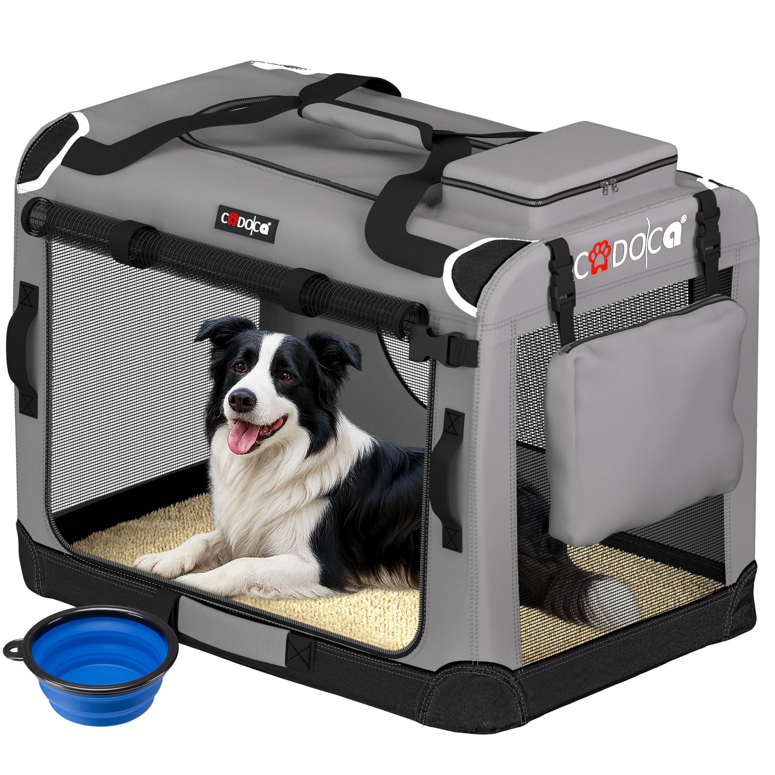 CADOCA® Foldable Dog Crate - XL Large Portable Soft Fabric Pet Carrier for Puppy, Dog, Cat & Kitten Breathable Cat Carrier, Travel Crate for Dog Bed, Car, Home, Vet & Holiday Use Light Grey 82x59x59cm