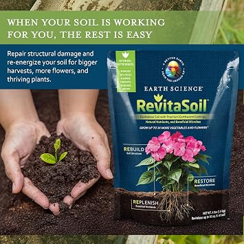 Earth Science RevitaSoil, 4lb, Up to 16 Sq. Ft. - Premium Organic Soil Revitalizer - Natural Nutrients & Earthworm Castings, Grow Up to 3X More, Indoor & Outdoor Plants, Vegetables, Flowers, Gardens