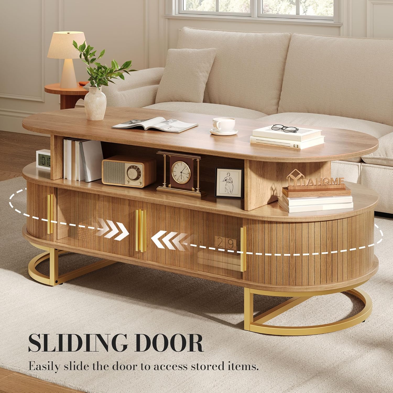 YITAHOME Coffee Table, Coffee Tables for Living Room with Sliding Doors & Large Storage, Modern Wooden Coffee Table with Gold Handles, Metal Base for Living Room, Natural Oak