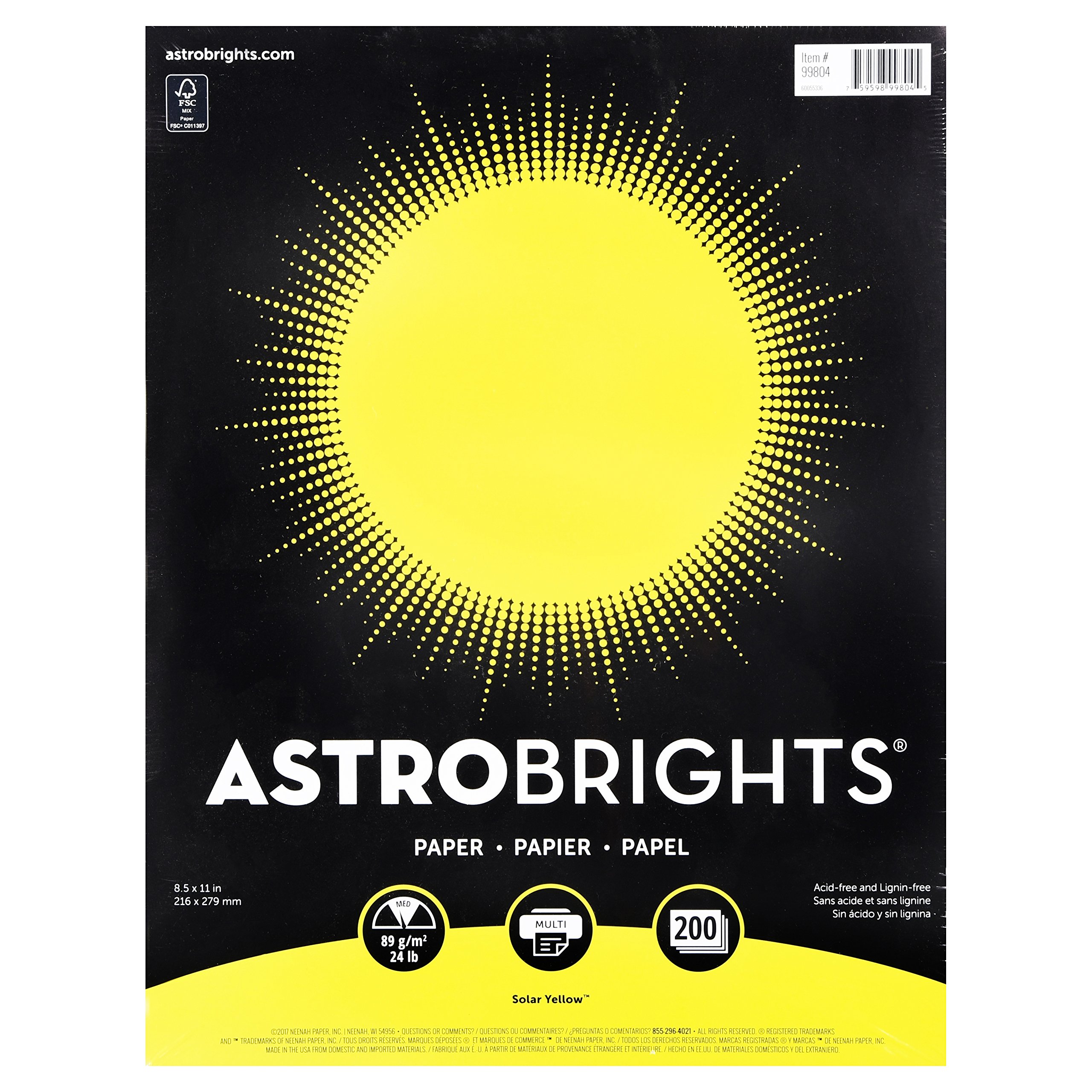 Astrobrights Colored Paper, 8.5" x 11", 24 lb./89 gsm, Solar Yellow, 200 Sheets (99804-01)