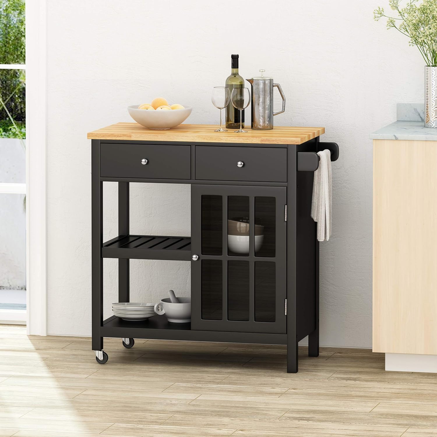 Christopher Knight Home Spark Contemporary Kitchen Cart with Wheels, Black and Natural : Everything Else