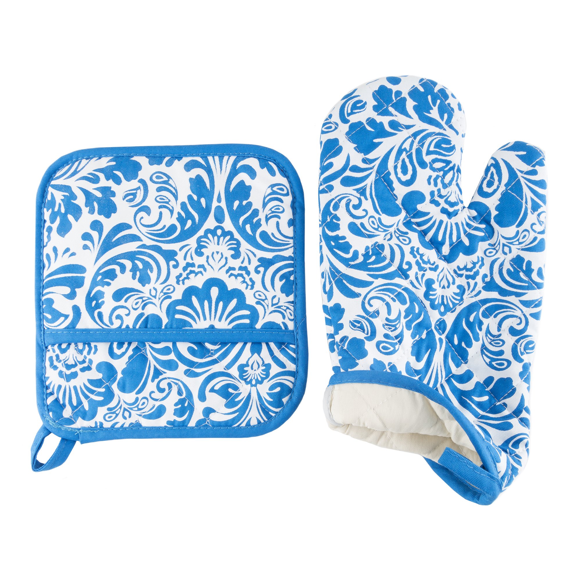 Lavish Home - Juego de manoplas para horno y soporte para ollas, acolchado y resistente al calor (azul)