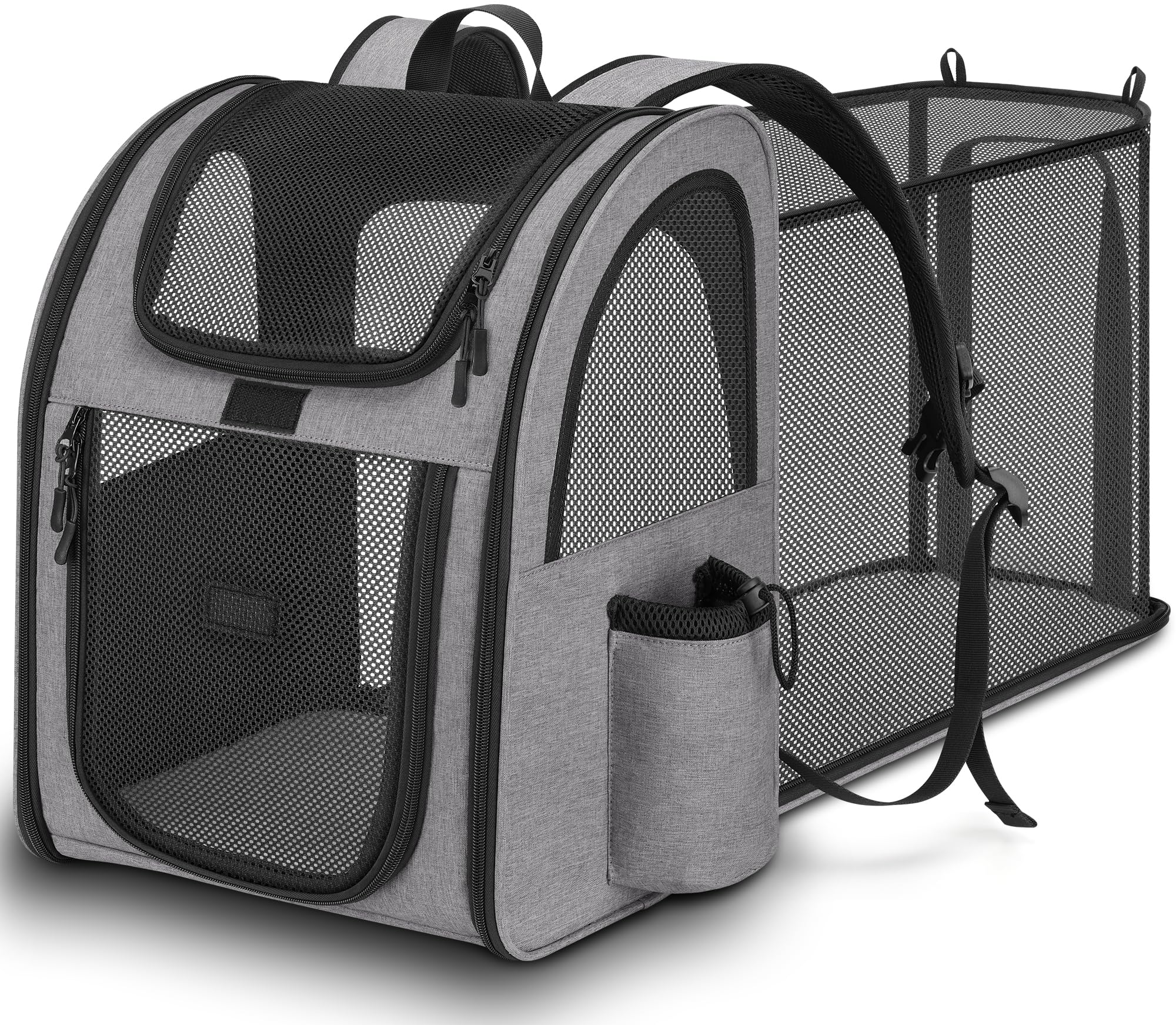Sac à Dos Chat Chien, Extensible Charge Maximale 10kg Sac Transport Chat Chien, Sac a Dos pour Chien Chat avec Fenêtre en Maille, Spacieux Sac Voyage Chat Chien Laisse et Tapis Intégrés - Gris