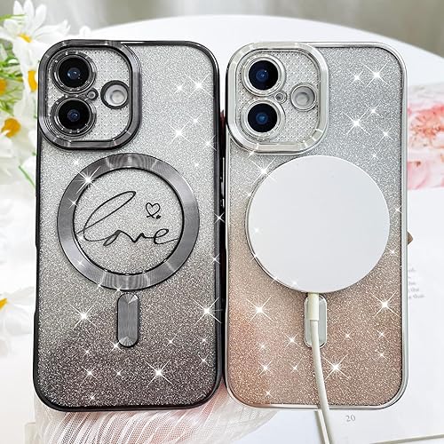 Vista 259 de Fiyart - Funda transparente magnética con purpurina para iPhone 12 para mujeres, con grabado "Love" metálico, protección para cámara y antigolpes