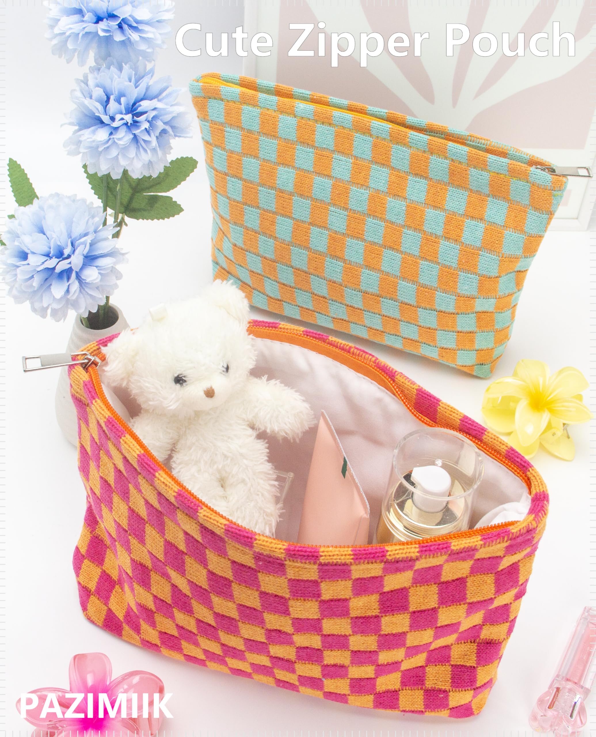 PAZIMIIK Karierte Make-up-Tasche für Geldbörse, tragbar, mit Reißverschluss, kleine Kosmetiktasche für Reisezubehör, Rot, Orange, 1PCS FLAT POUCH, Gestrickt