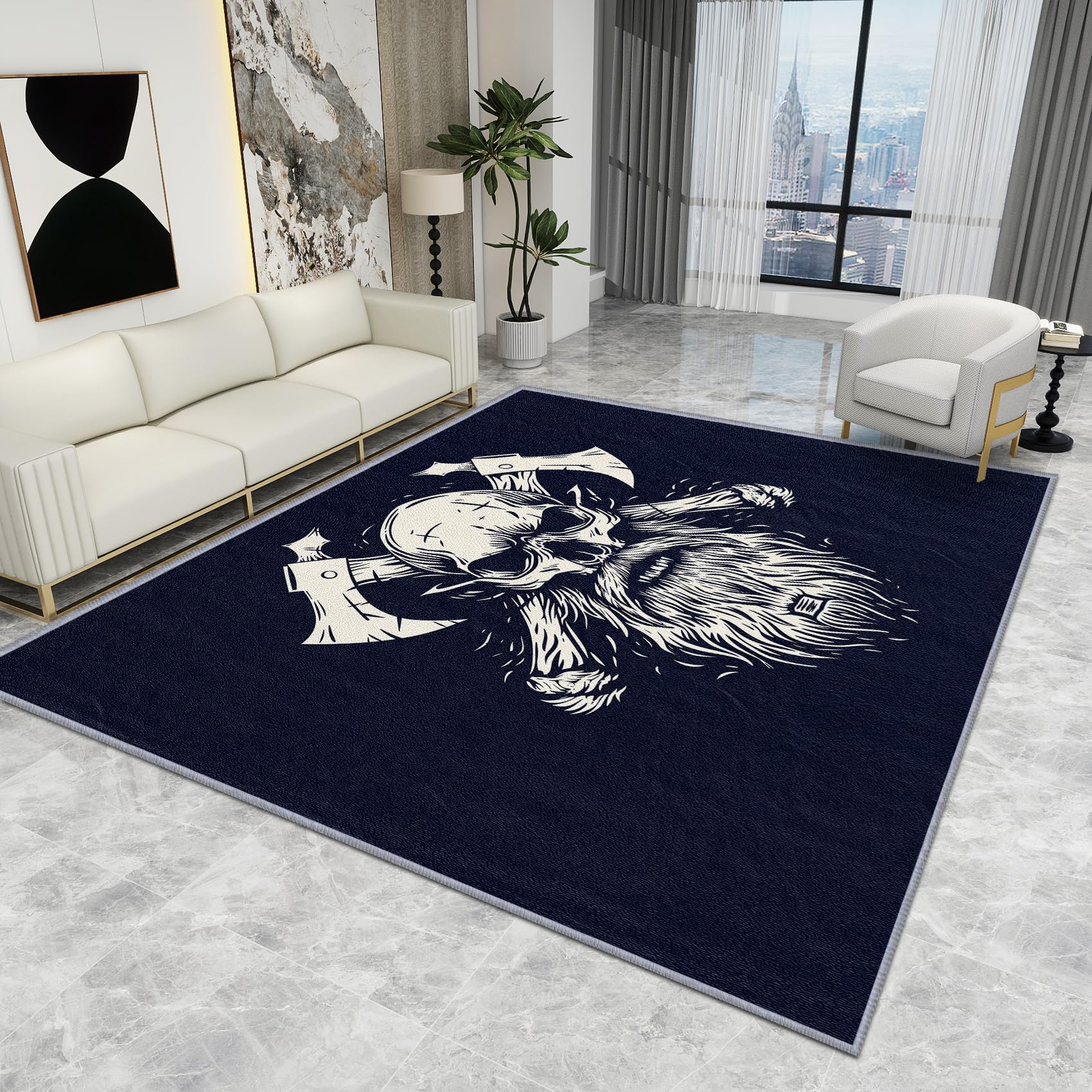 Skull Rug Bedroom - Skull Rug - Viking Skeleton Axe Rugs, Gothic Celtic Warrior Carpet, Washable Rug Non Slip Low Pile Soft Large Area Rugs, Skull Home Decor Gifts, 120 X 180 cm