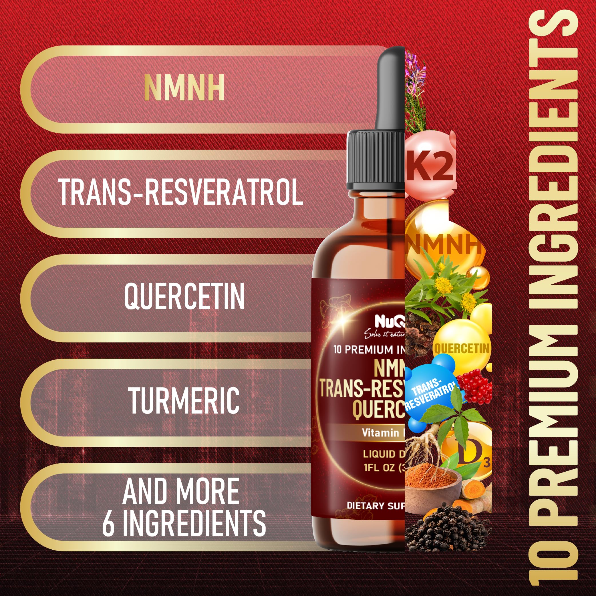 NUQIIT 10in1 NMNH Liquid Drops w/NMNH 1000mg, Vitamin D3-K2, Quercetin Suppement Trans-resveratrol and 5 More Herbals - Cellular Energy & Vitality, Healthy Aging - 1 FL Oz - 2 Month Supply — Amazon image 5
