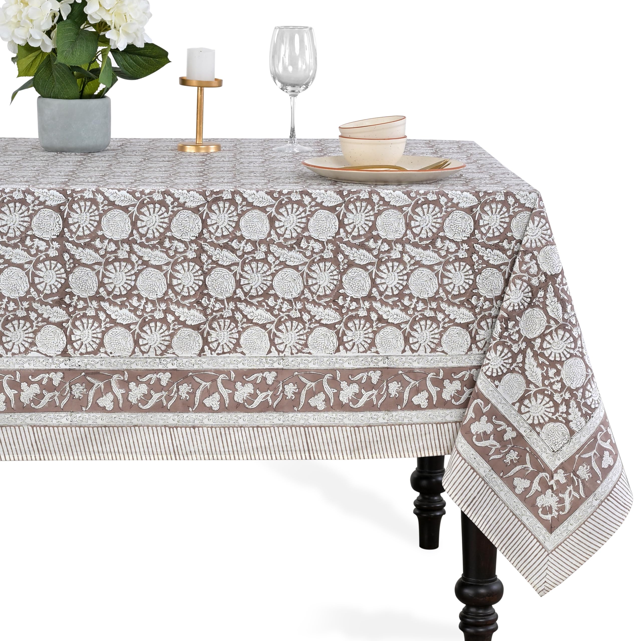 CPC Rustic Brown Block Print 100% Cotton Rectangle Tablecloth 52x70 Inch