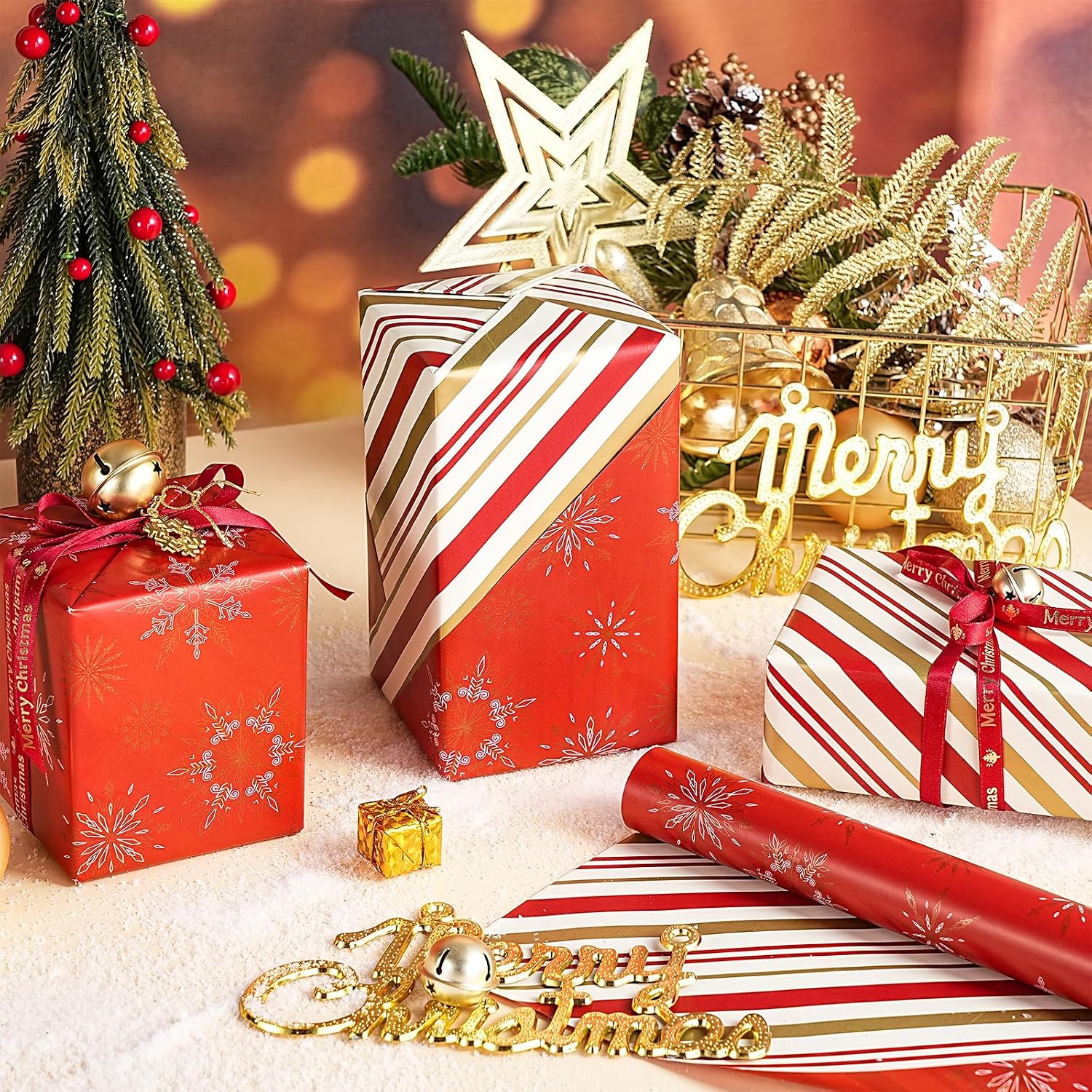 LeZakaa Red Christmas Wrapping Paper Roll, Gold Snowflakes and Holiday Stripes Reversible Elegant Design for Festive Winter Holiday, Family Gathering, for Girls, Kids, Mini Roll 17 in x 16.4 Ft image 4